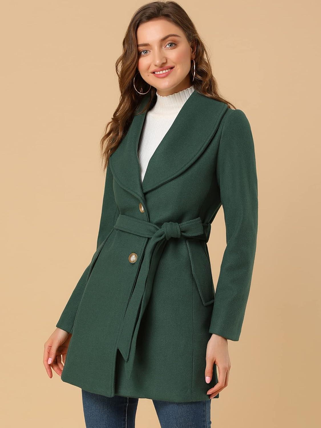 imageAllegra K Womens 2025 Winter Wrap Coat Shawl Collar Belted Single Breasted OvercoatsGreen