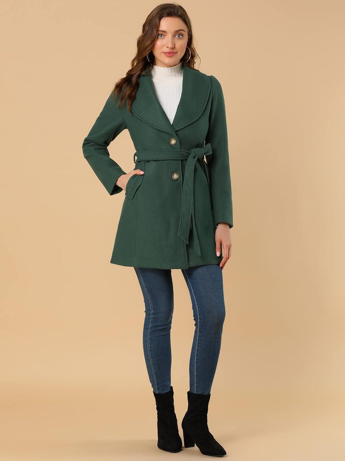 imageAllegra K Womens 2025 Winter Wrap Coat Shawl Collar Belted Single Breasted OvercoatsGreen