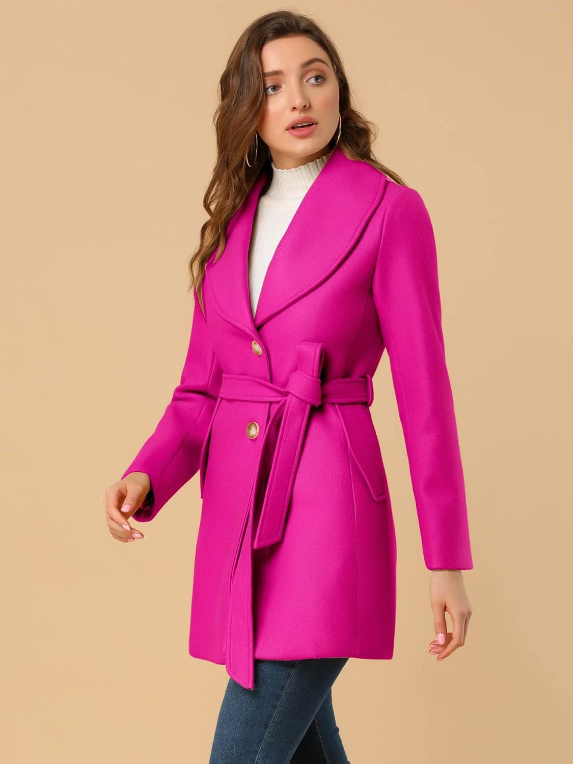 imageAllegra K Womens 2025 Winter Wrap Coat Shawl Collar Belted Single Breasted OvercoatsHot Pink