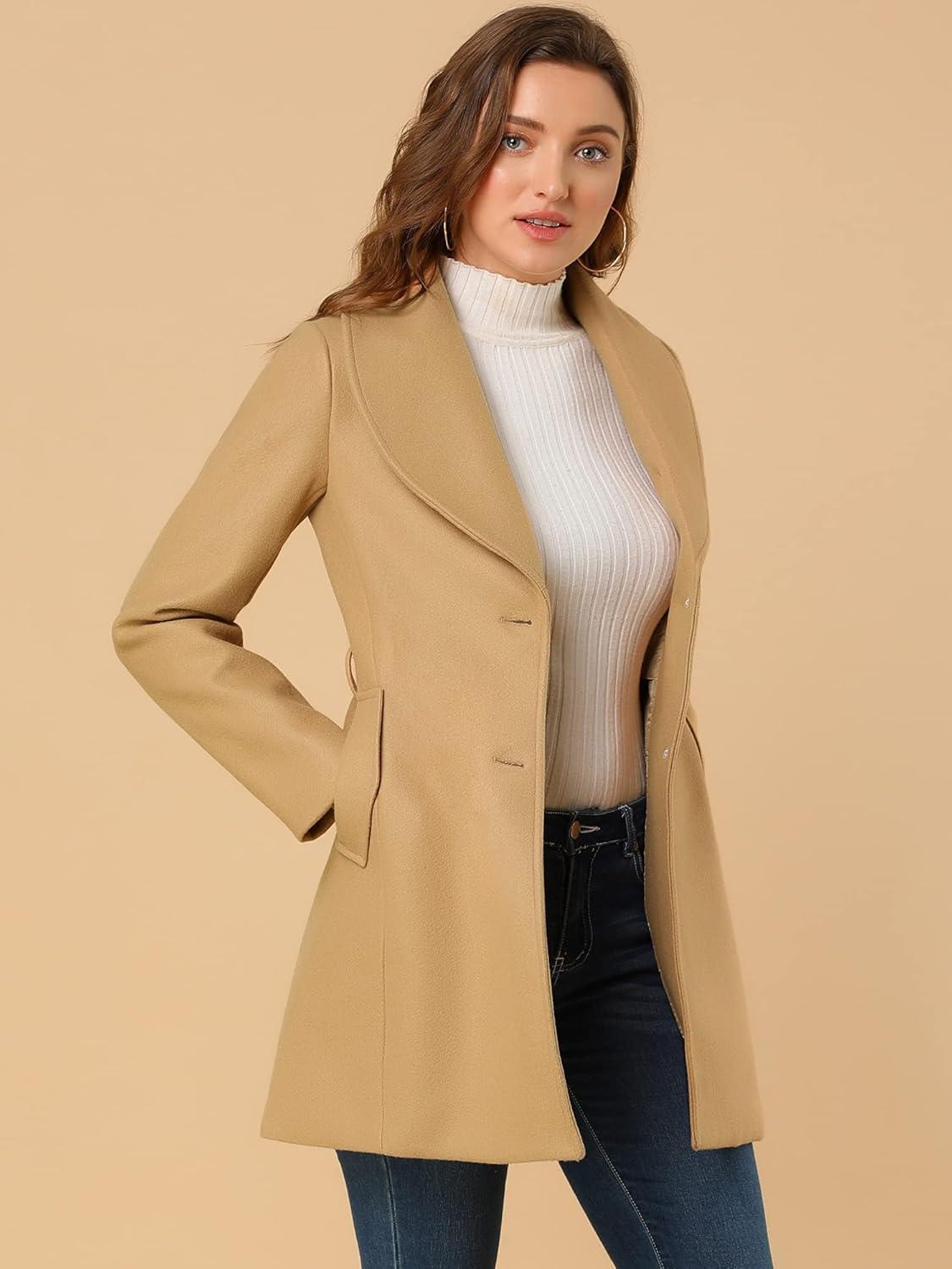 imageAllegra K Womens 2025 Winter Wrap Coat Shawl Collar Belted Single Breasted OvercoatsKahki