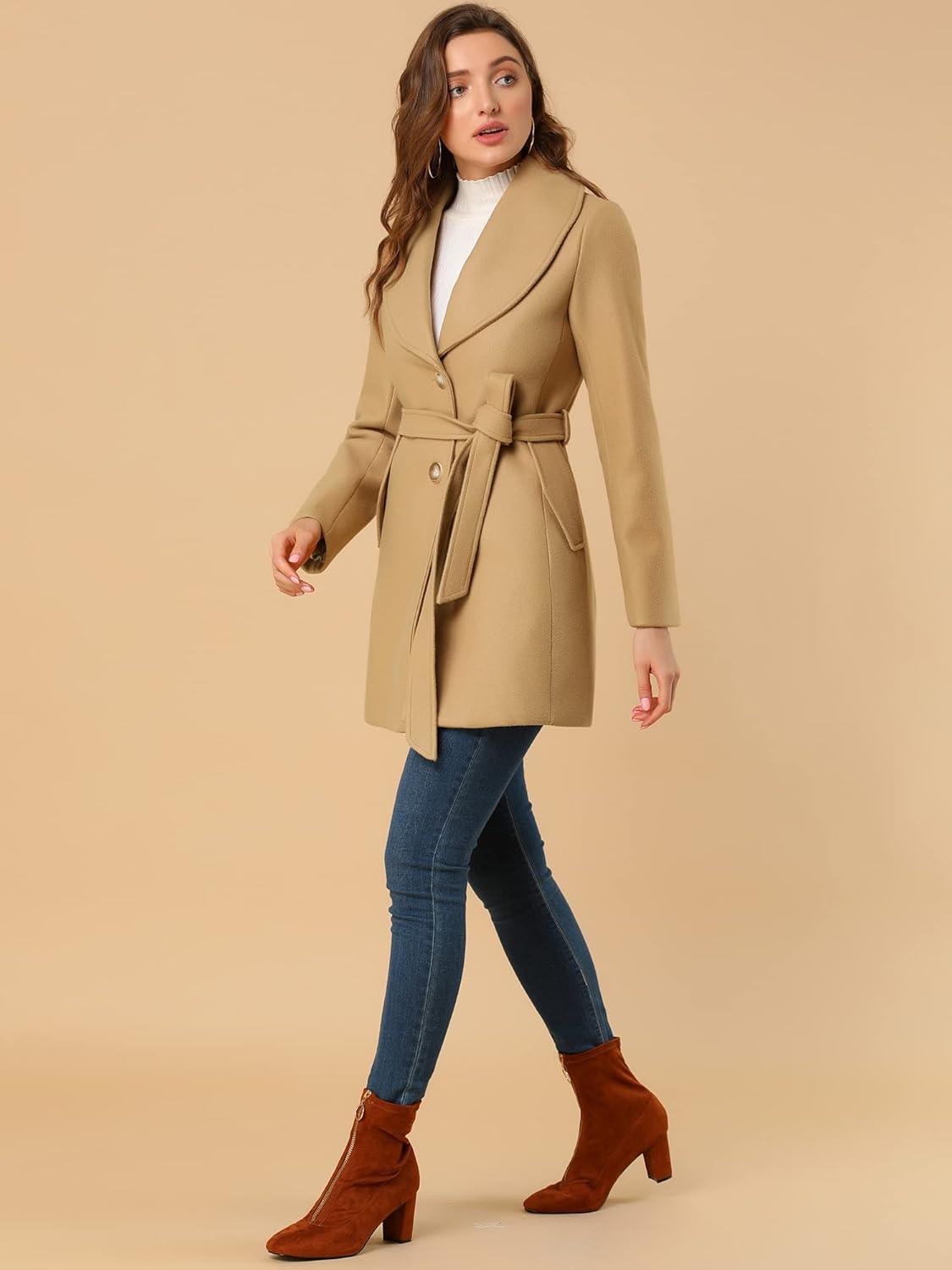 imageAllegra K Womens 2025 Winter Wrap Coat Shawl Collar Belted Single Breasted OvercoatsKahki