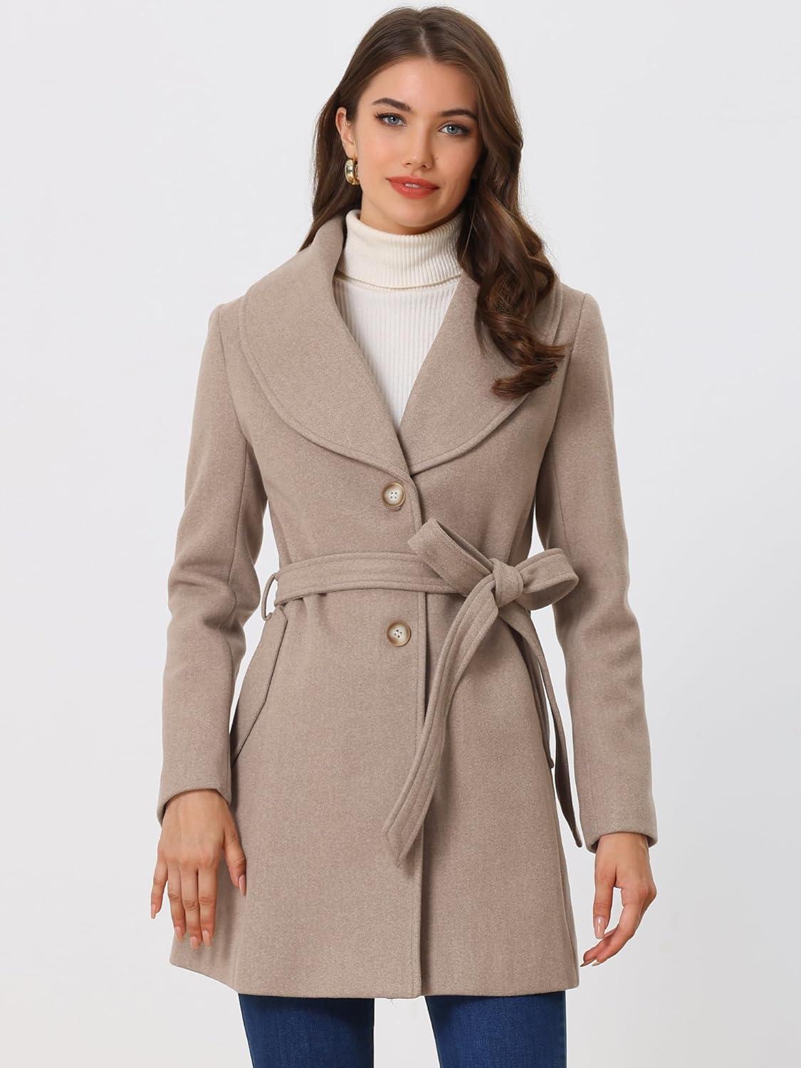 imageAllegra K Womens 2025 Winter Wrap Coat Shawl Collar Belted Single Breasted OvercoatsLight Khaki