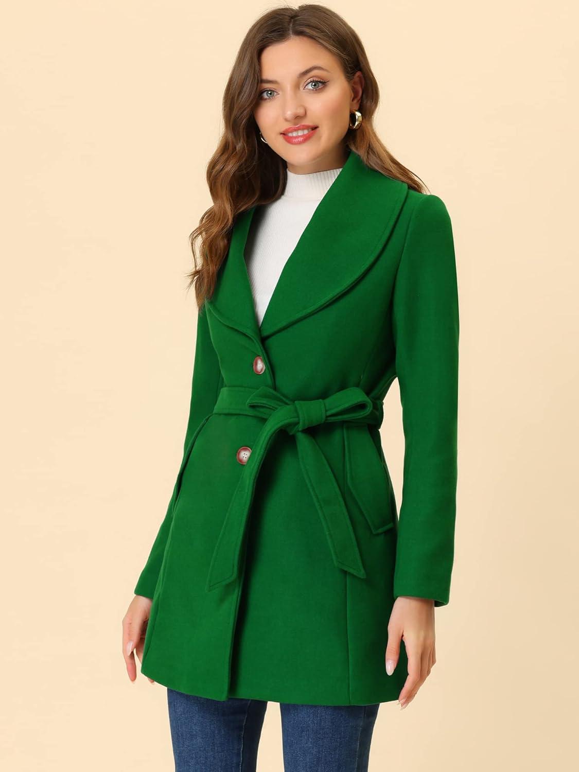 imageAllegra K Womens 2025 Winter Wrap Coat Shawl Collar Belted Single Breasted OvercoatsPea Green