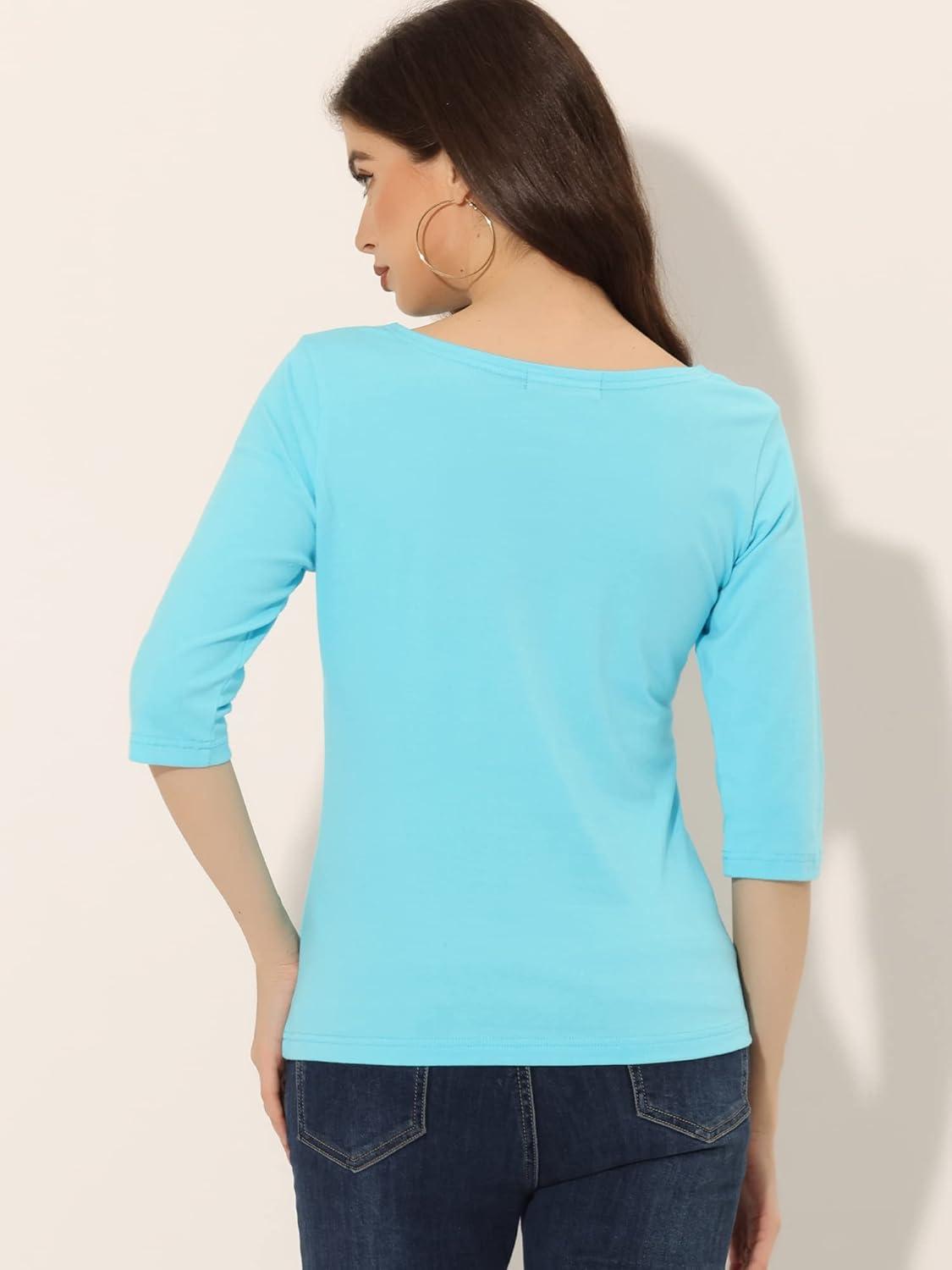 imageAllegra K Womens Casual Round Neck Elbow Sleeve t Shirts Slim Fit Blouses Tops FashionAqua Blue