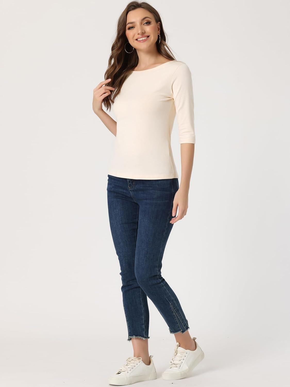 imageAllegra K Womens Casual Round Neck Elbow Sleeve t Shirts Slim Fit Blouses Tops FashionBeige