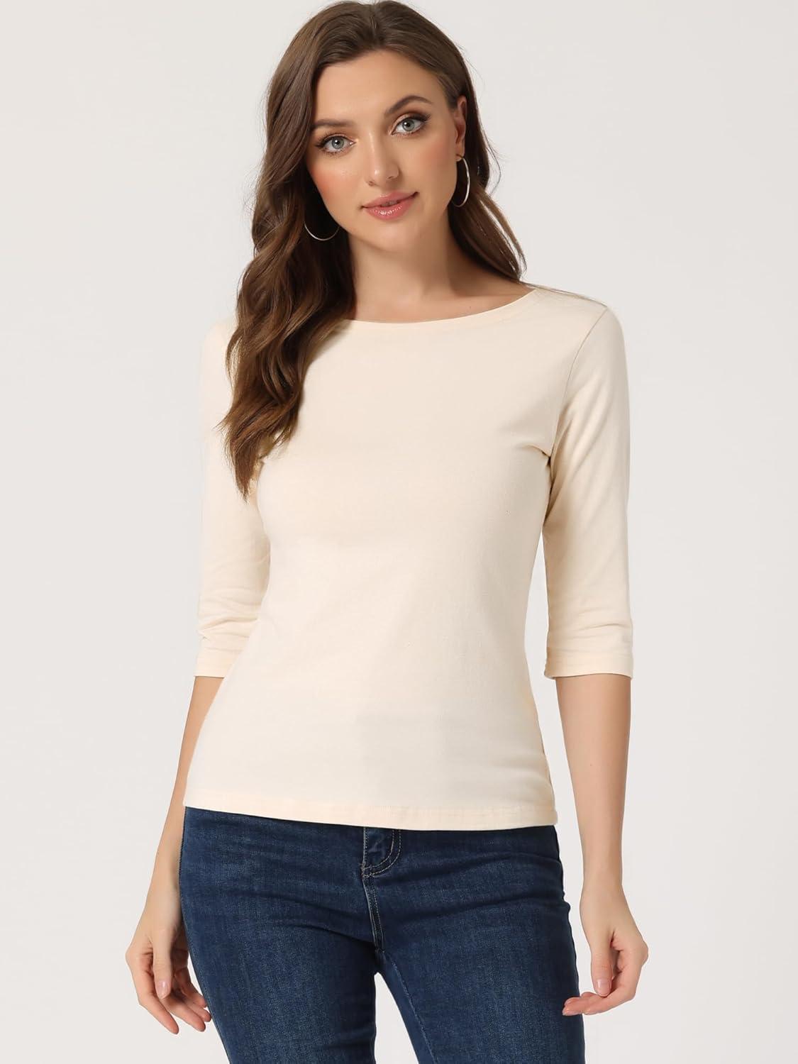 imageAllegra K Womens Casual Round Neck Elbow Sleeve t Shirts Slim Fit Blouses Tops FashionBeige