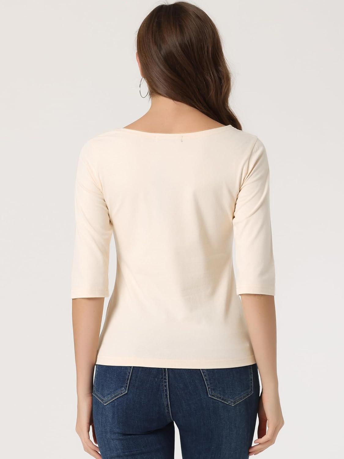 imageAllegra K Womens Casual Round Neck Elbow Sleeve t Shirts Slim Fit Blouses Tops FashionBeige