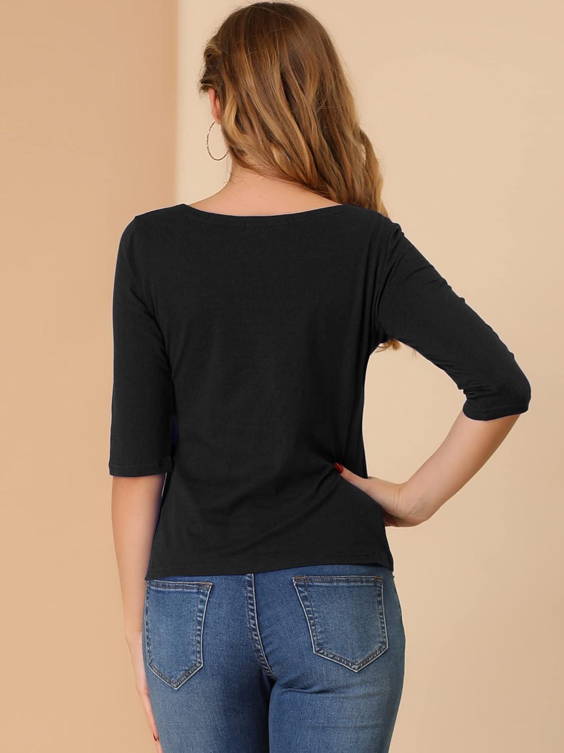 imageAllegra K Womens Casual Round Neck Elbow Sleeve t Shirts Slim Fit Blouses Tops FashionBlack