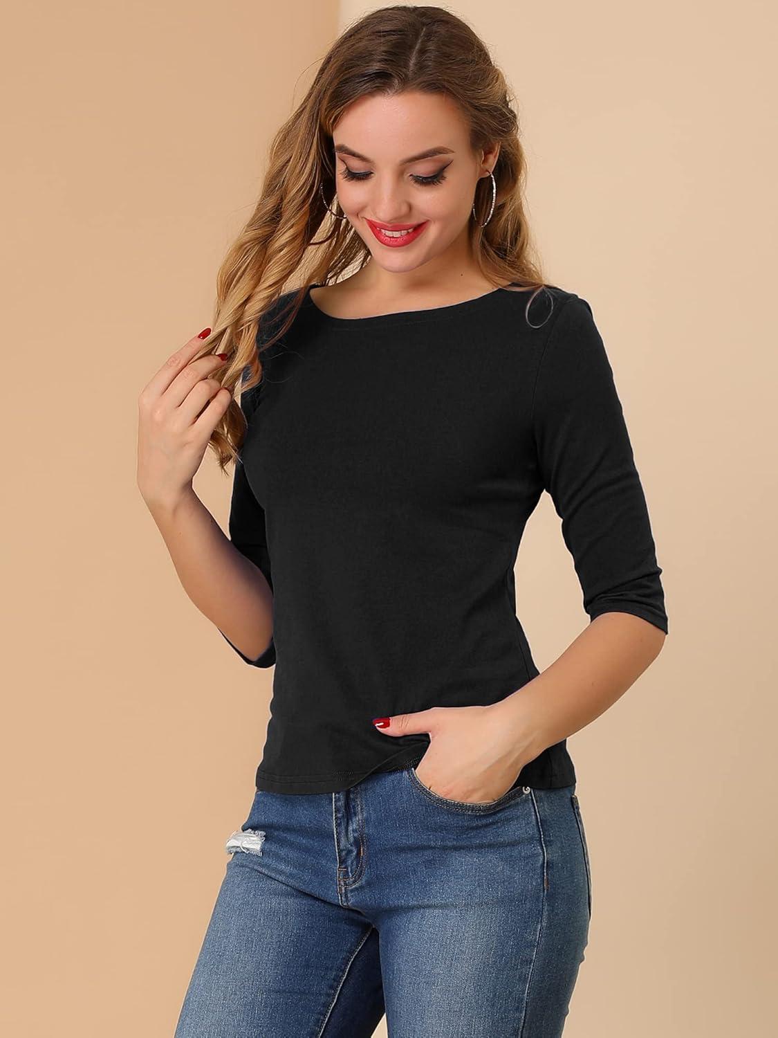 imageAllegra K Womens Casual Round Neck Elbow Sleeve t Shirts Slim Fit Blouses Tops FashionBlack