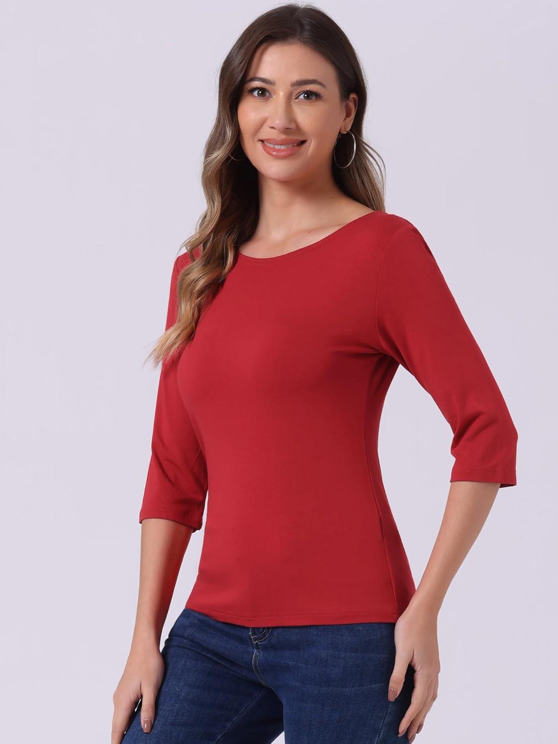 imageAllegra K Womens Casual Round Neck Elbow Sleeve t Shirts Slim Fit Blouses Tops FashionBright Red