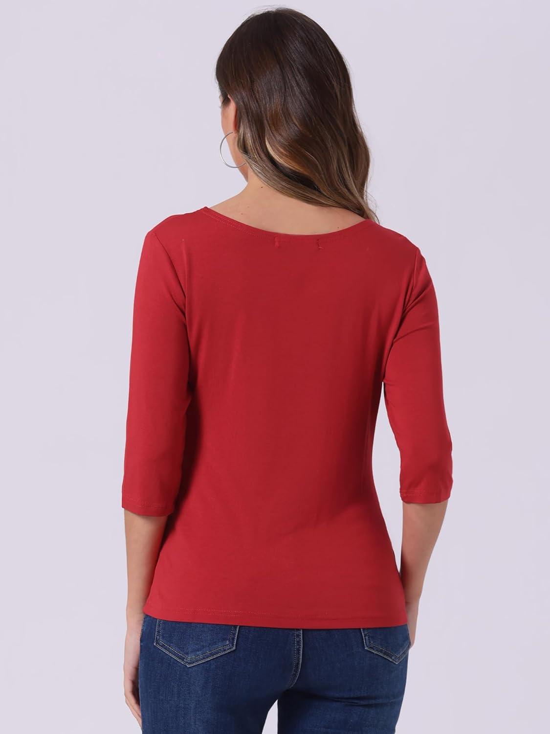 imageAllegra K Womens Casual Round Neck Elbow Sleeve t Shirts Slim Fit Blouses Tops FashionBright Red