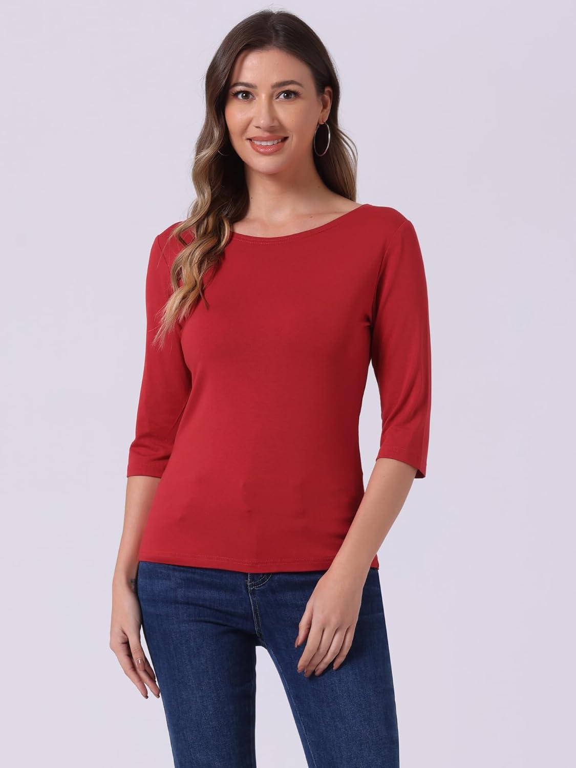 imageAllegra K Womens Casual Round Neck Elbow Sleeve t Shirts Slim Fit Blouses Tops FashionBright Red
