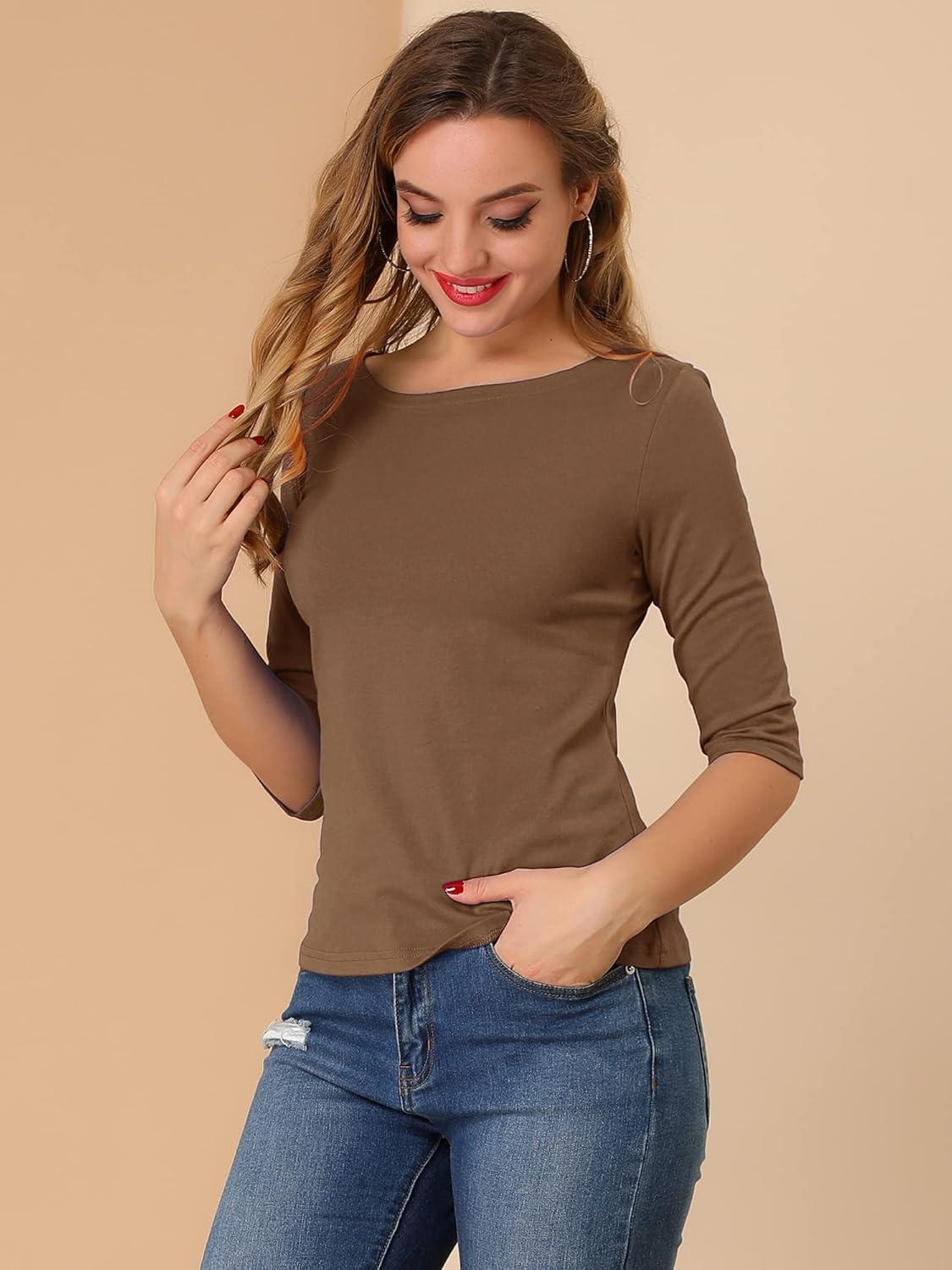 imageAllegra K Womens Casual Round Neck Elbow Sleeve t Shirts Slim Fit Blouses Tops FashionBrown