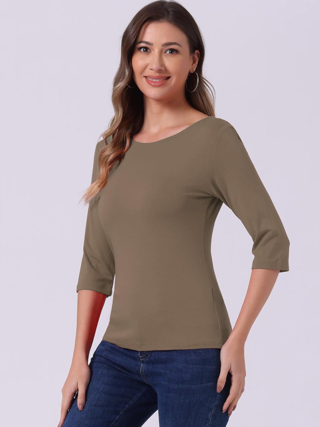 imageAllegra K Womens Casual Round Neck Elbow Sleeve t Shirts Slim Fit Blouses Tops FashionCamel