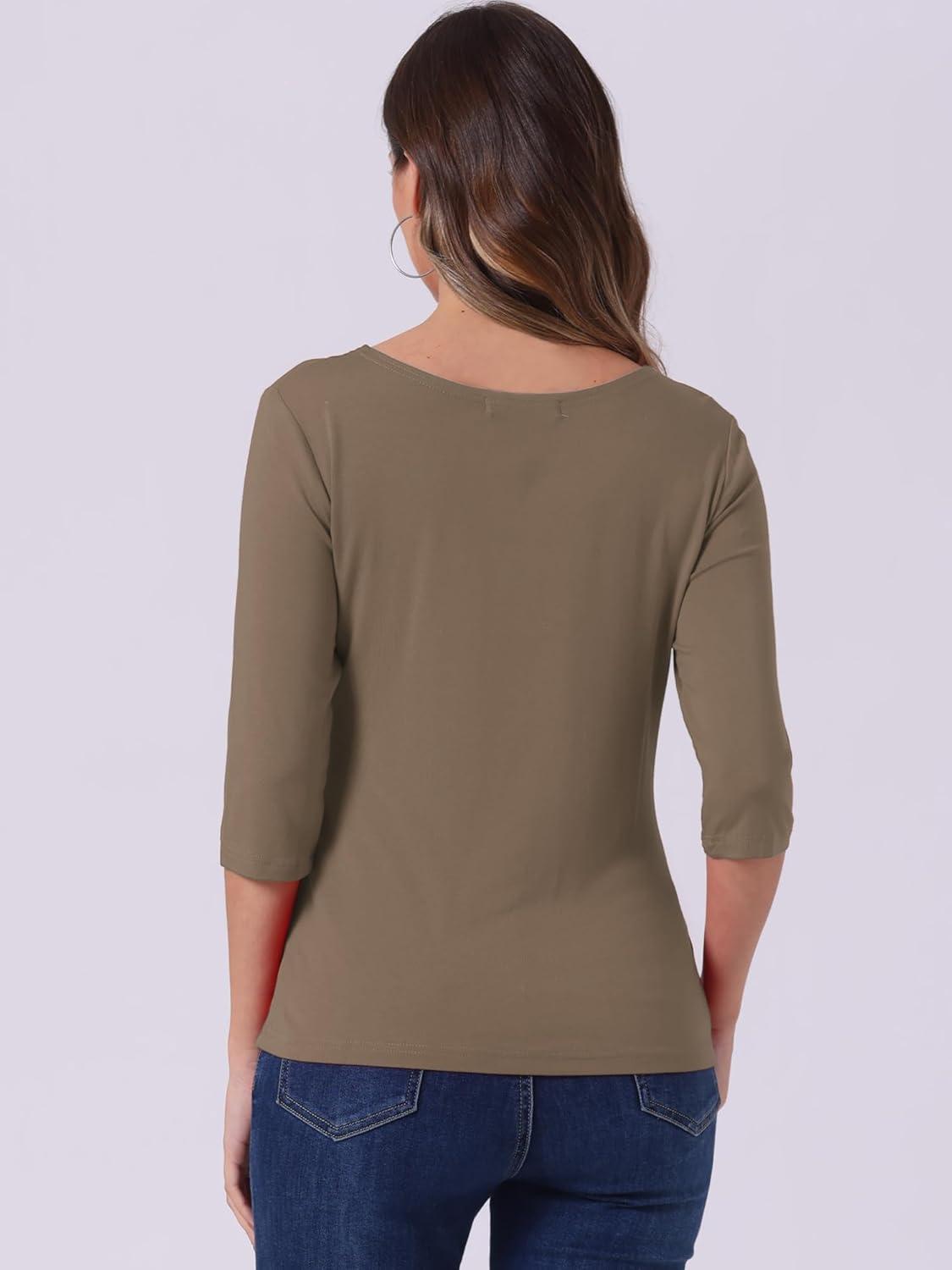 imageAllegra K Womens Casual Round Neck Elbow Sleeve t Shirts Slim Fit Blouses Tops FashionCamel