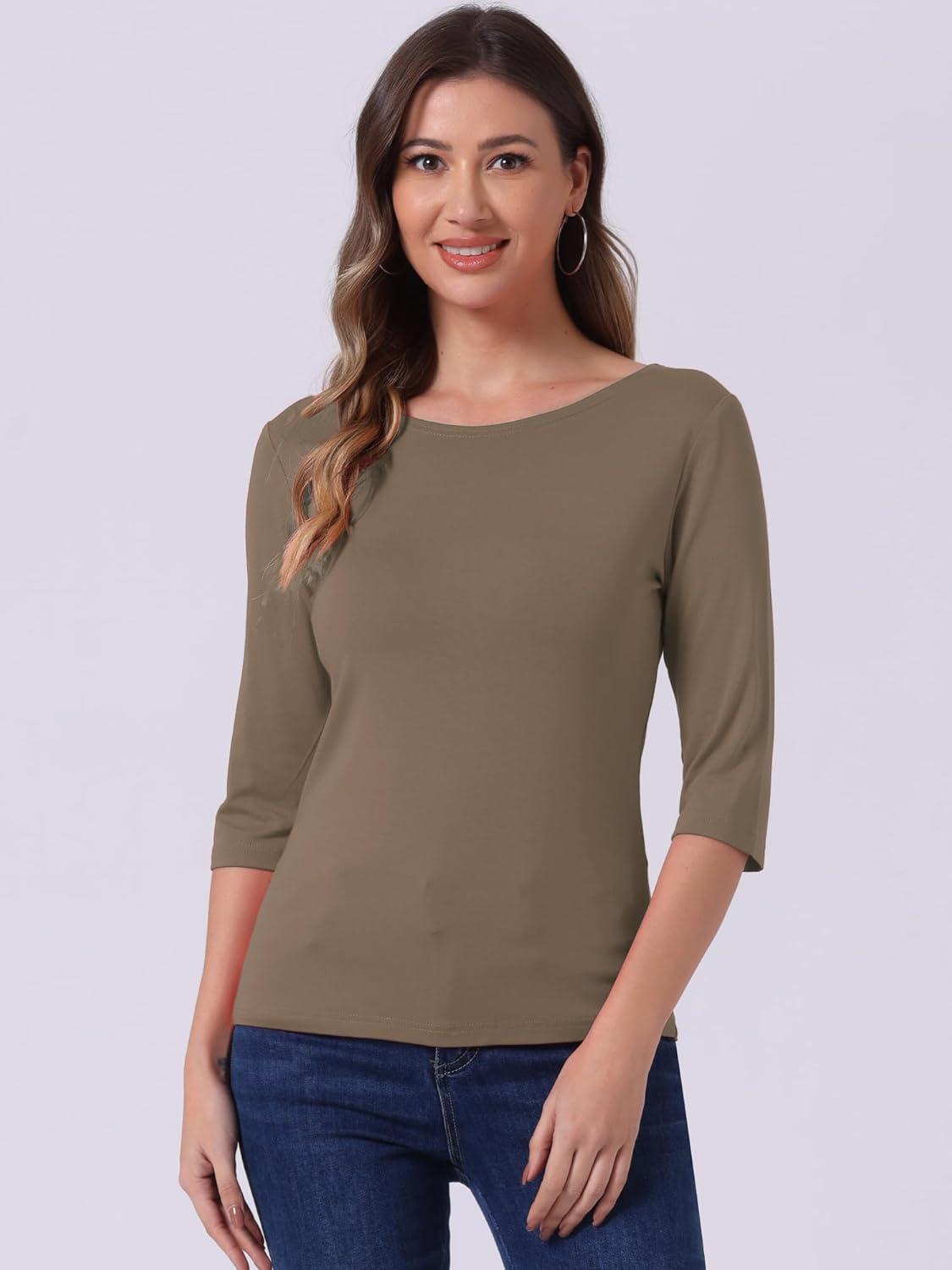 imageAllegra K Womens Casual Round Neck Elbow Sleeve t Shirts Slim Fit Blouses Tops FashionCamel