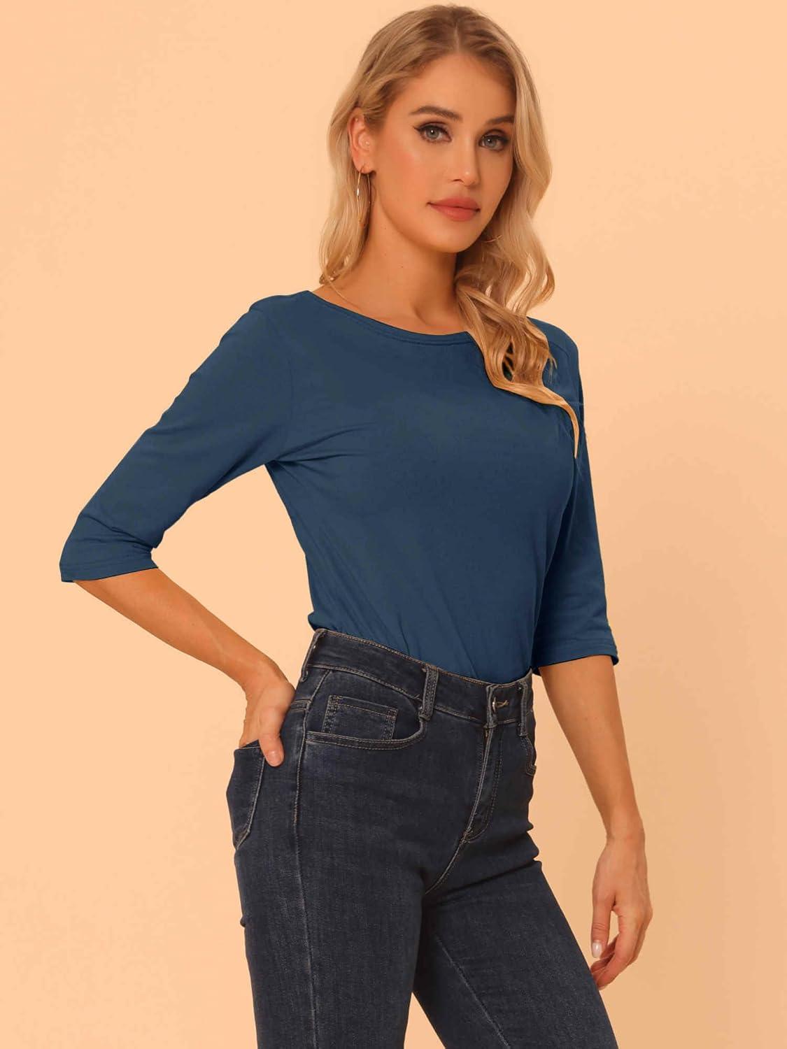 imageAllegra K Womens Casual Round Neck Elbow Sleeve t Shirts Slim Fit Blouses Tops FashionDark Blue
