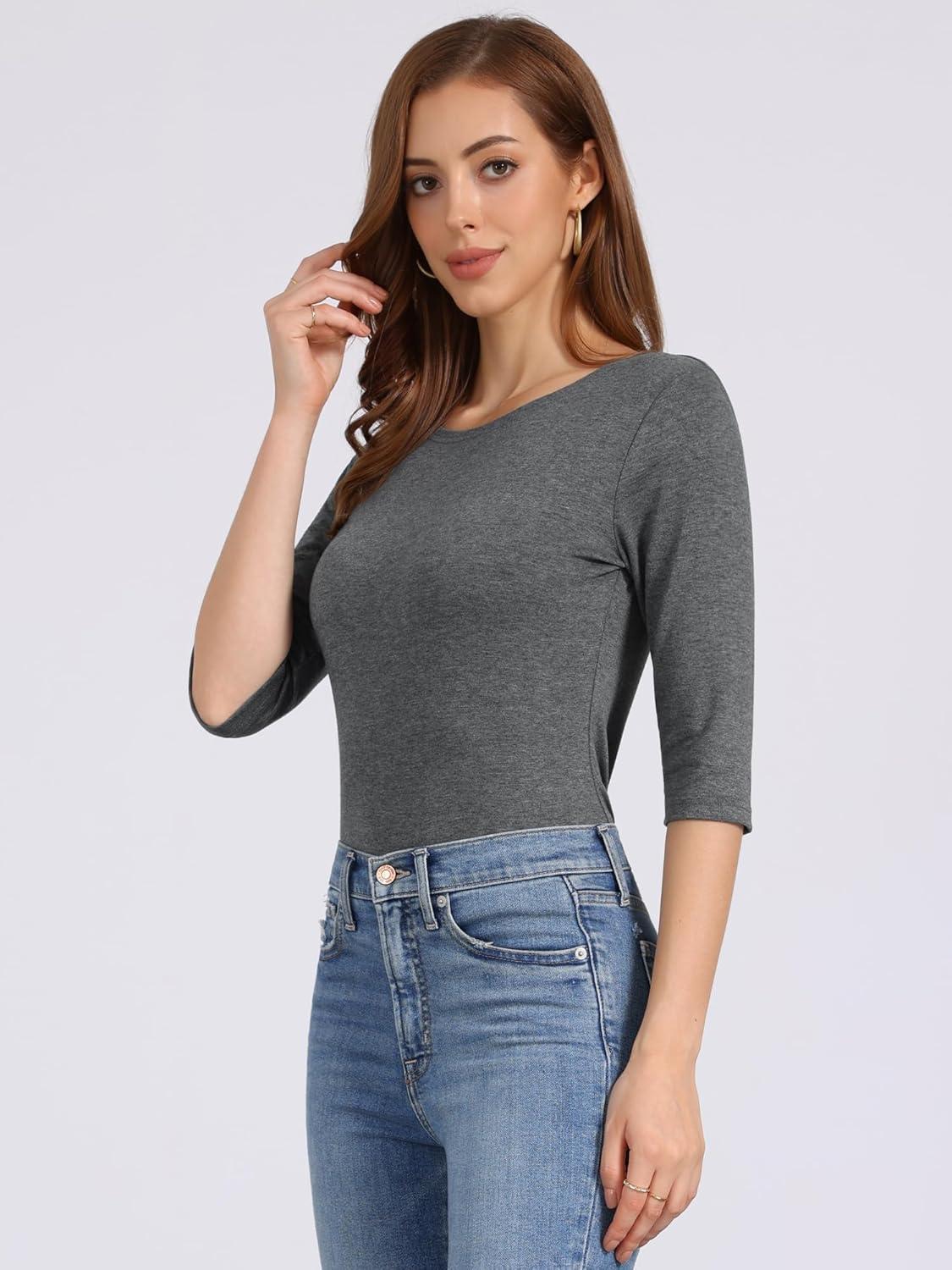 imageAllegra K Womens Casual Round Neck Elbow Sleeve t Shirts Slim Fit Blouses Tops FashionDark Gray2