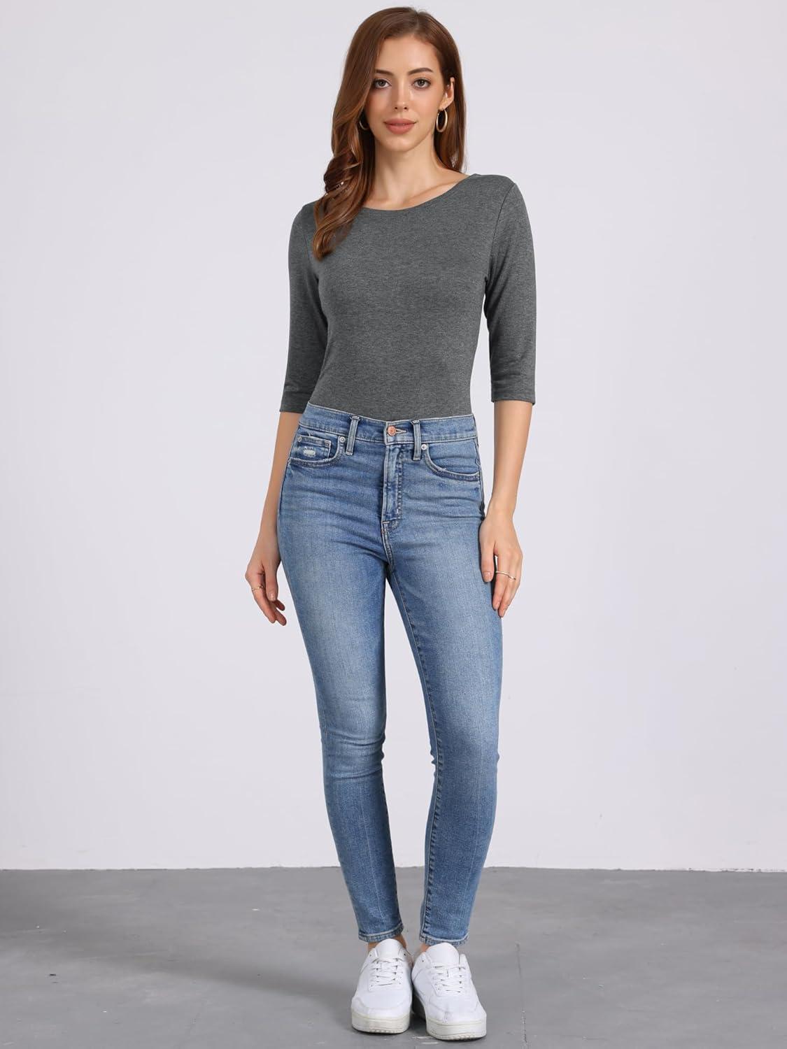 imageAllegra K Womens Casual Round Neck Elbow Sleeve t Shirts Slim Fit Blouses Tops FashionDark Gray2