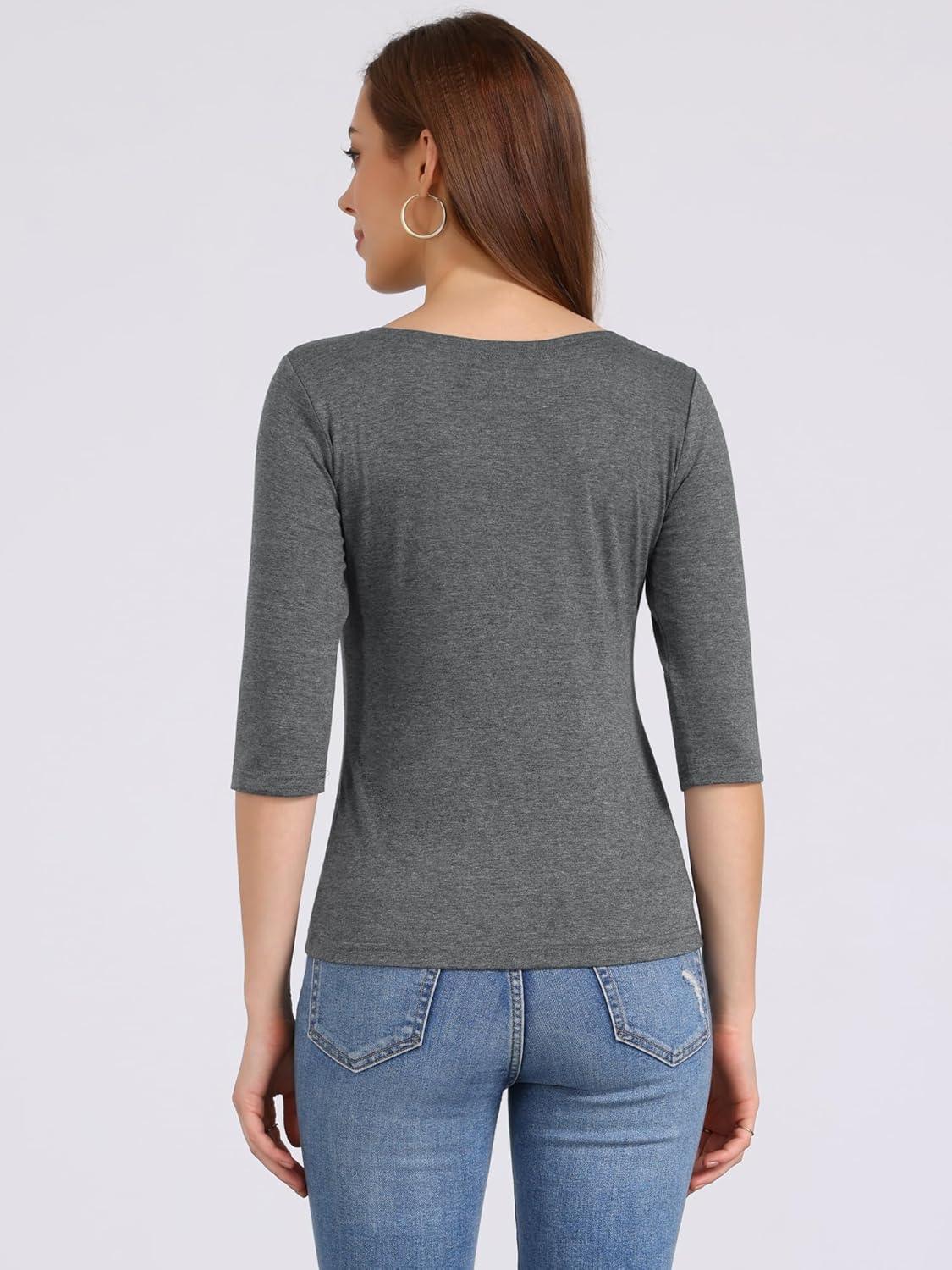 imageAllegra K Womens Casual Round Neck Elbow Sleeve t Shirts Slim Fit Blouses Tops FashionDark Gray2