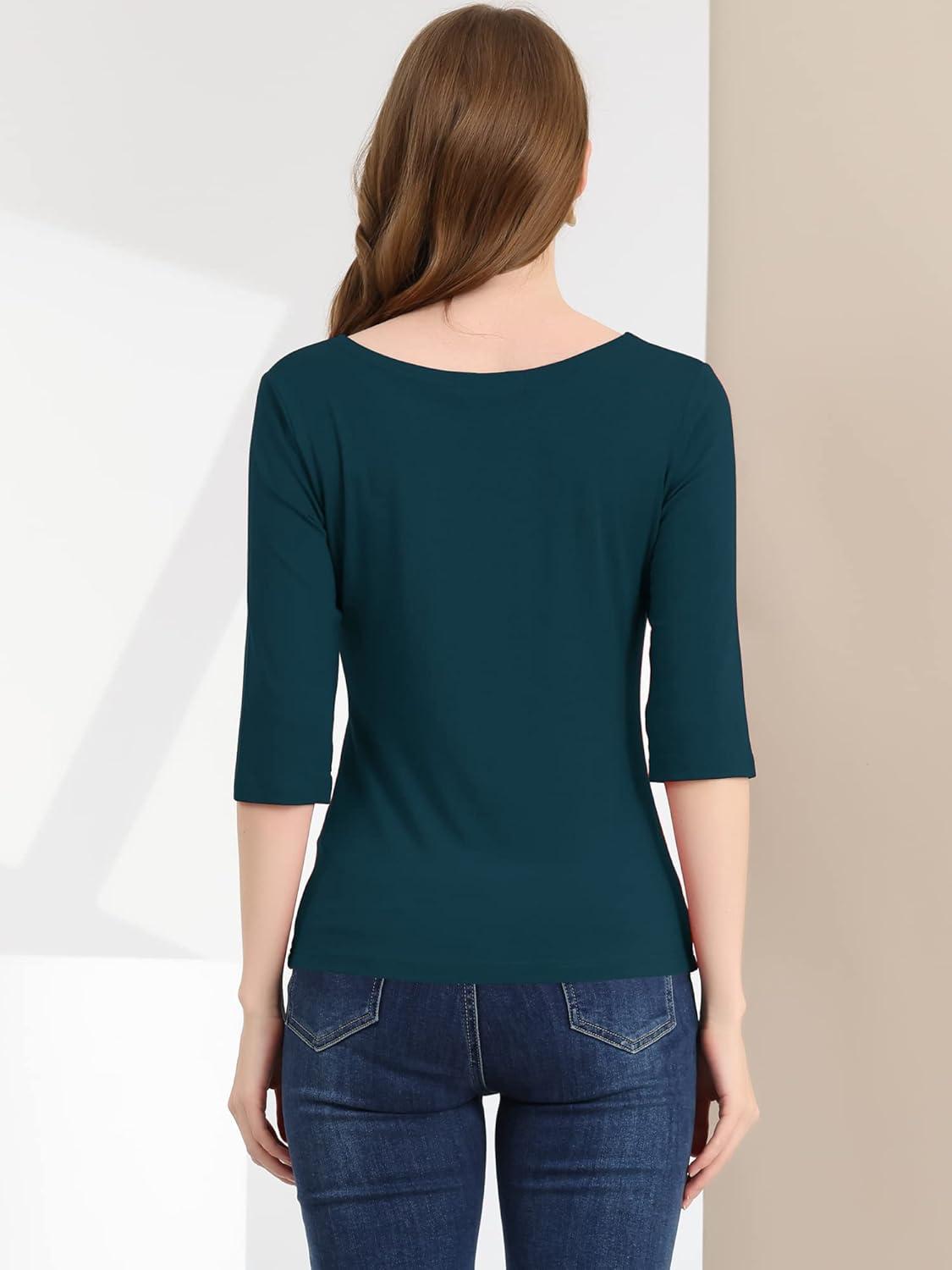 imageAllegra K Womens Casual Round Neck Elbow Sleeve t Shirts Slim Fit Blouses Tops FashionDark Green