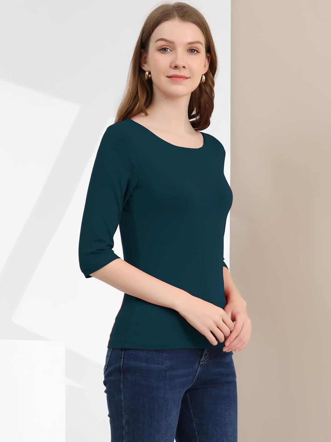 imageAllegra K Womens Casual Round Neck Elbow Sleeve t Shirts Slim Fit Blouses Tops FashionDark Green
