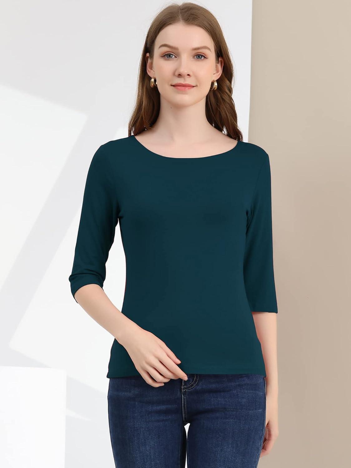 imageAllegra K Womens Casual Round Neck Elbow Sleeve t Shirts Slim Fit Blouses Tops FashionDark Green