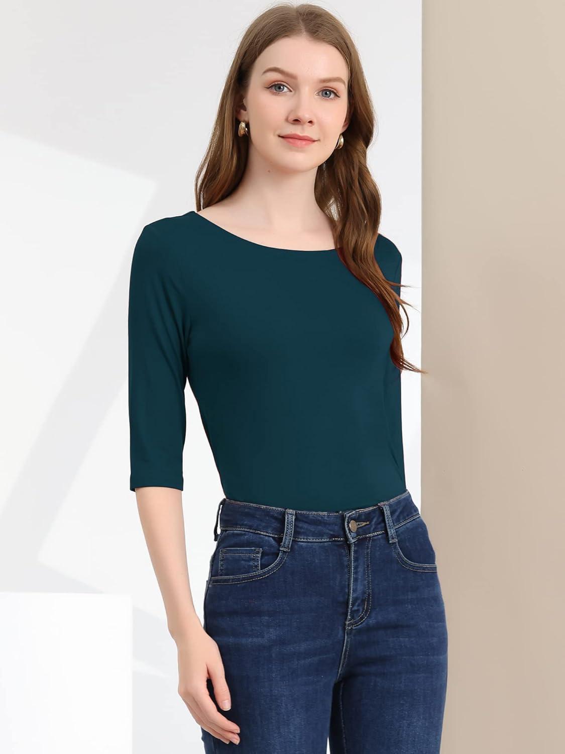 imageAllegra K Womens Casual Round Neck Elbow Sleeve t Shirts Slim Fit Blouses Tops FashionDark Green