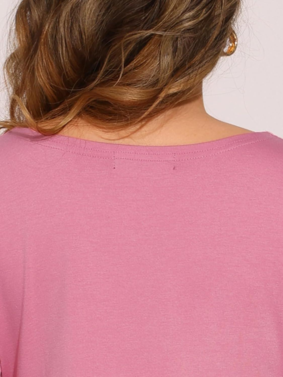 imageAllegra K Womens Casual Round Neck Elbow Sleeve t Shirts Slim Fit Blouses Tops FashionDark Pink