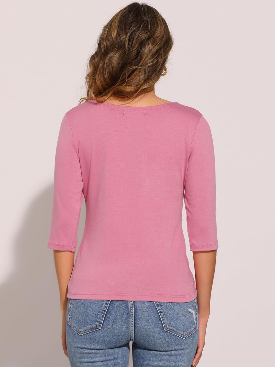 imageAllegra K Womens Casual Round Neck Elbow Sleeve t Shirts Slim Fit Blouses Tops FashionDark Pink