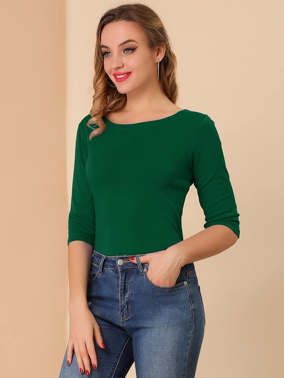 imageAllegra K Womens Casual Round Neck Elbow Sleeve t Shirts Slim Fit Blouses Tops FashionDeep Green
