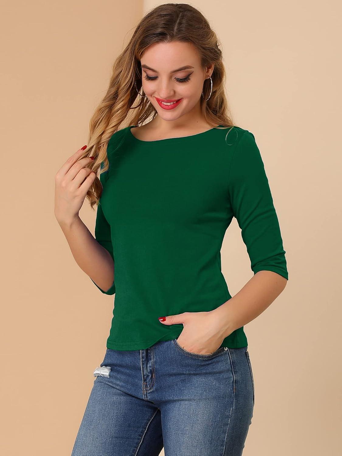 imageAllegra K Womens Casual Round Neck Elbow Sleeve t Shirts Slim Fit Blouses Tops FashionDeep Green