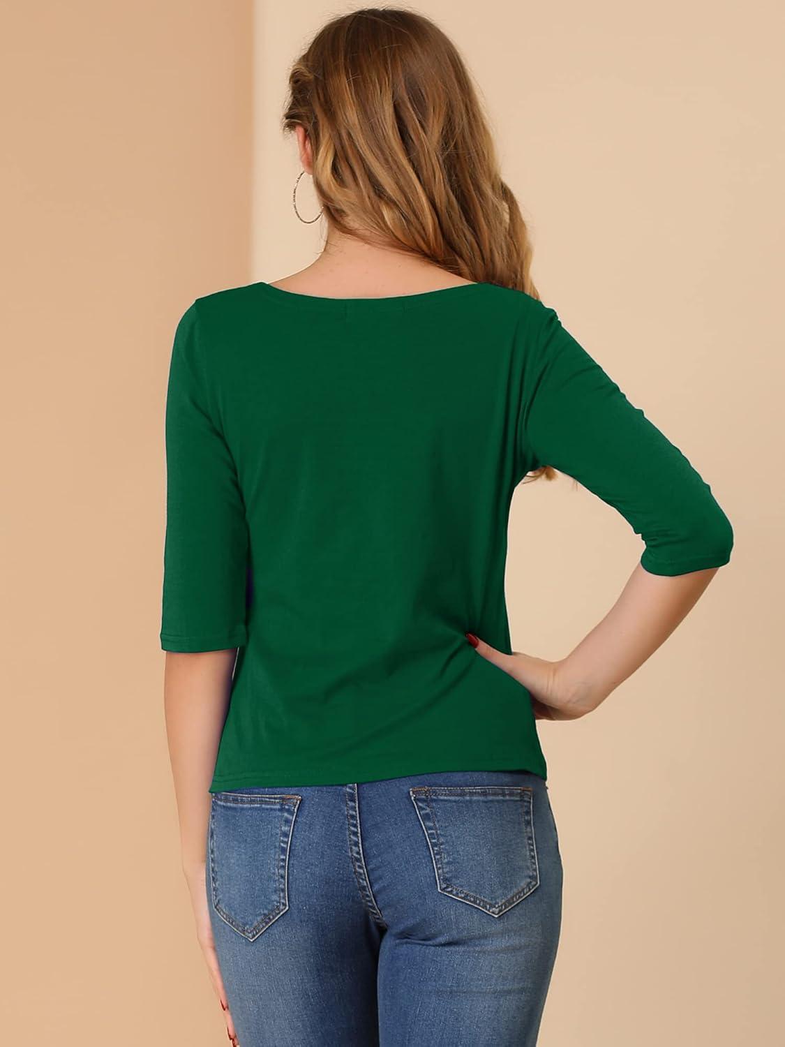 imageAllegra K Womens Casual Round Neck Elbow Sleeve t Shirts Slim Fit Blouses Tops FashionDeep Green