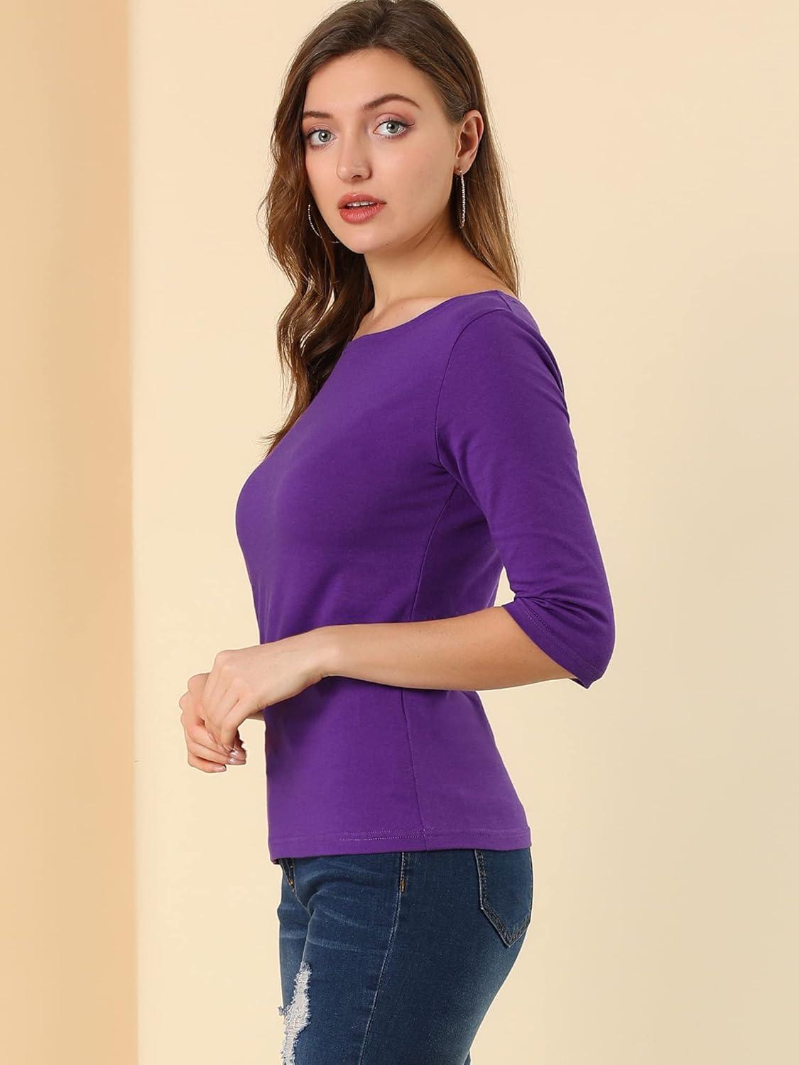 imageAllegra K Womens Casual Round Neck Elbow Sleeve t Shirts Slim Fit Blouses Tops FashionDeep Purple