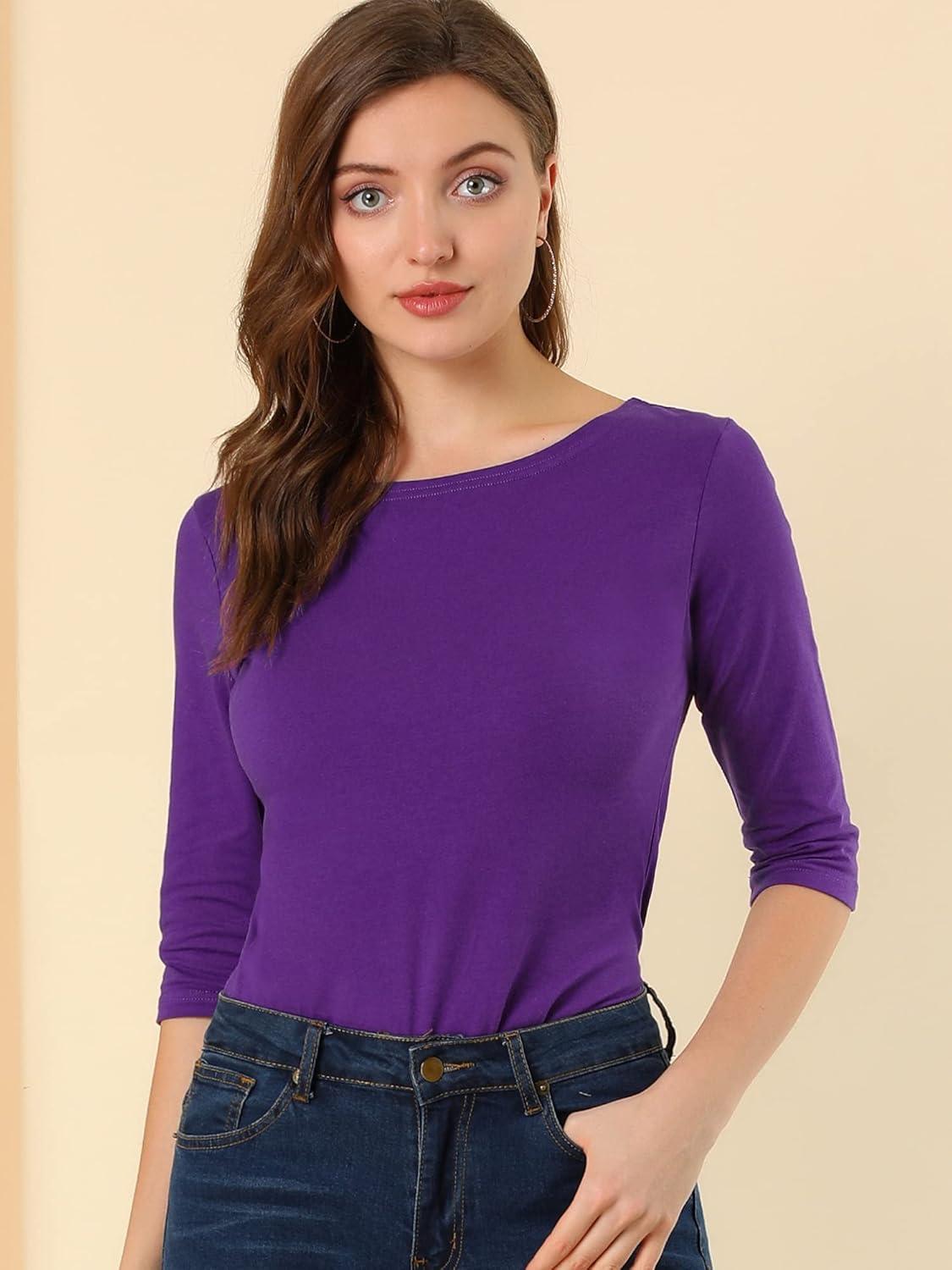imageAllegra K Womens Casual Round Neck Elbow Sleeve t Shirts Slim Fit Blouses Tops FashionDeep Purple