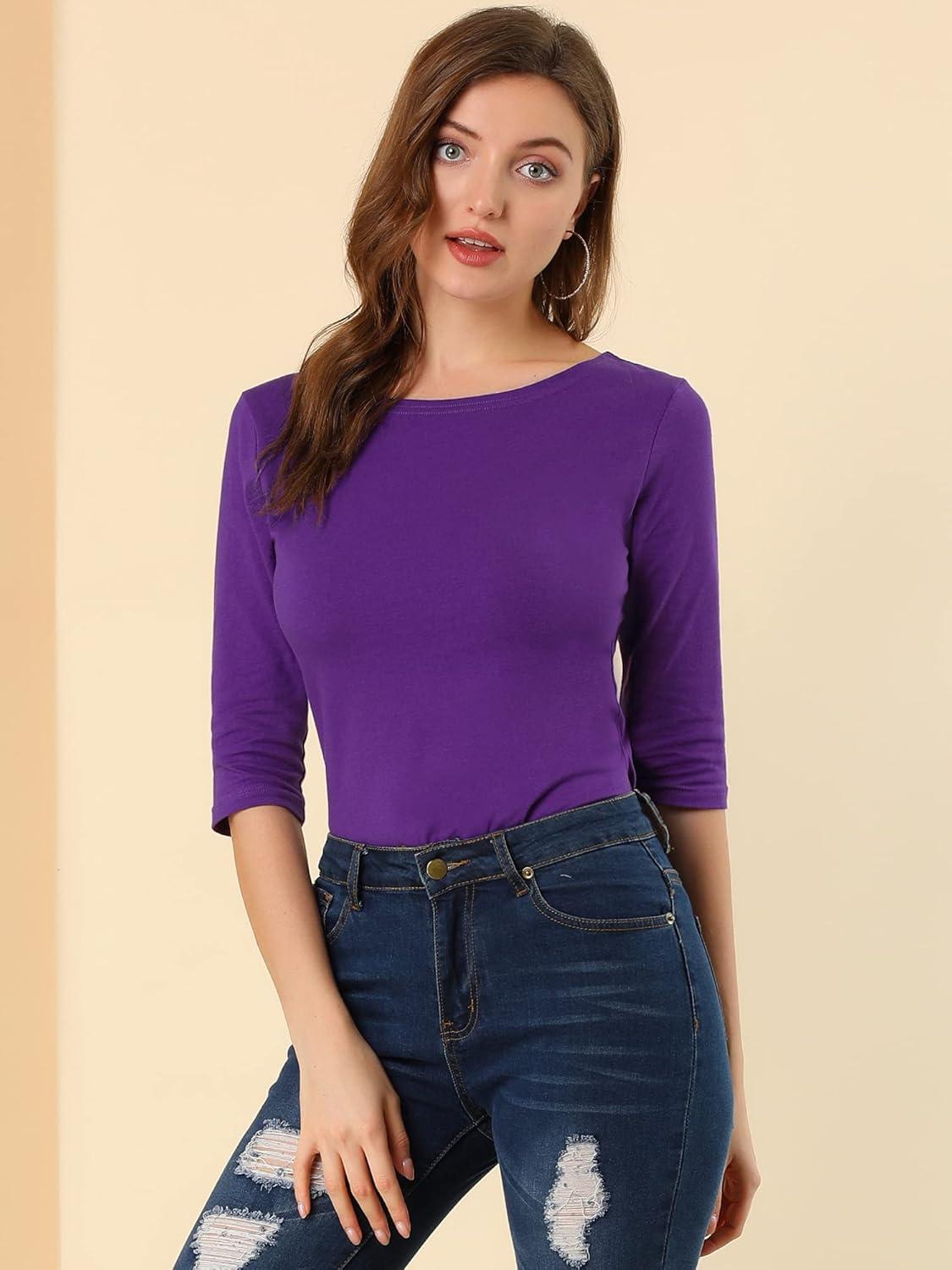 imageAllegra K Womens Casual Round Neck Elbow Sleeve t Shirts Slim Fit Blouses Tops FashionDeep Purple