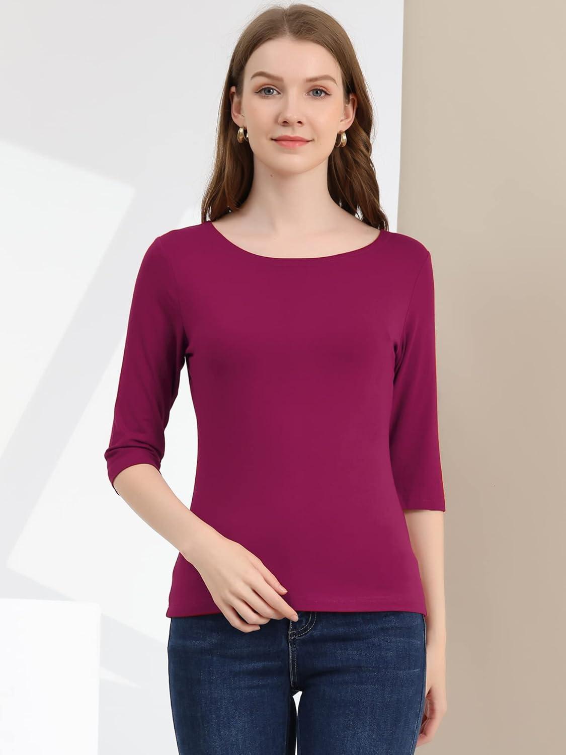 imageAllegra K Womens Casual Round Neck Elbow Sleeve t Shirts Slim Fit Blouses Tops FashionFuchsia