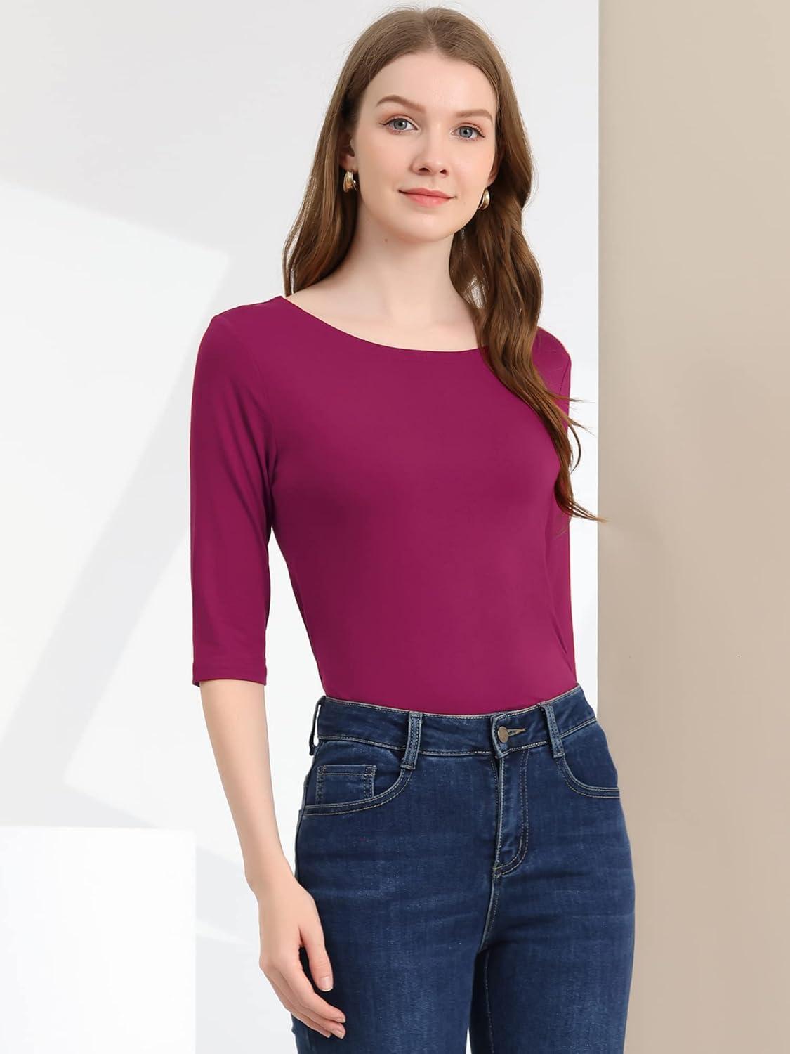 imageAllegra K Womens Casual Round Neck Elbow Sleeve t Shirts Slim Fit Blouses Tops FashionFuchsia