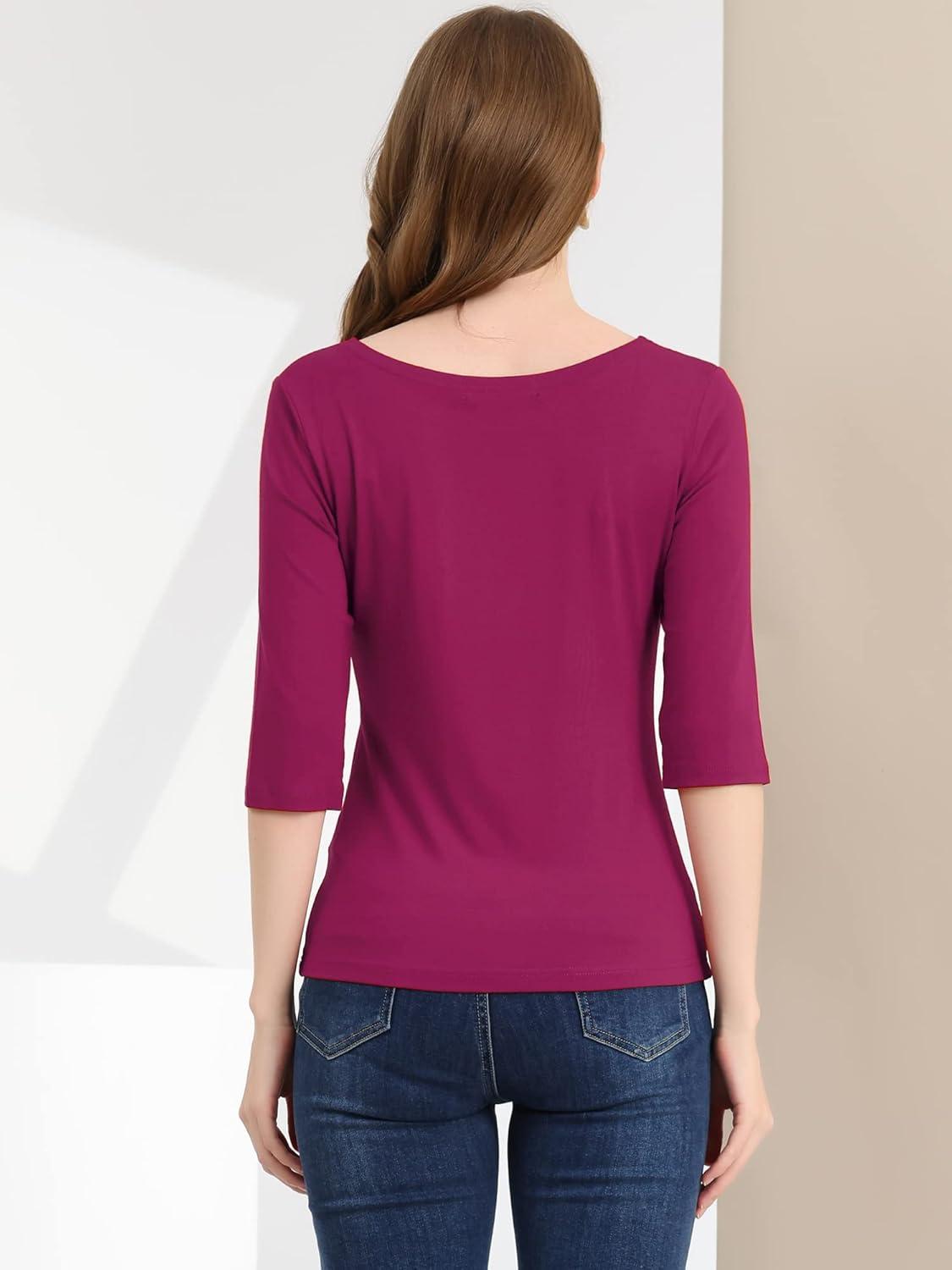 imageAllegra K Womens Casual Round Neck Elbow Sleeve t Shirts Slim Fit Blouses Tops FashionFuchsia