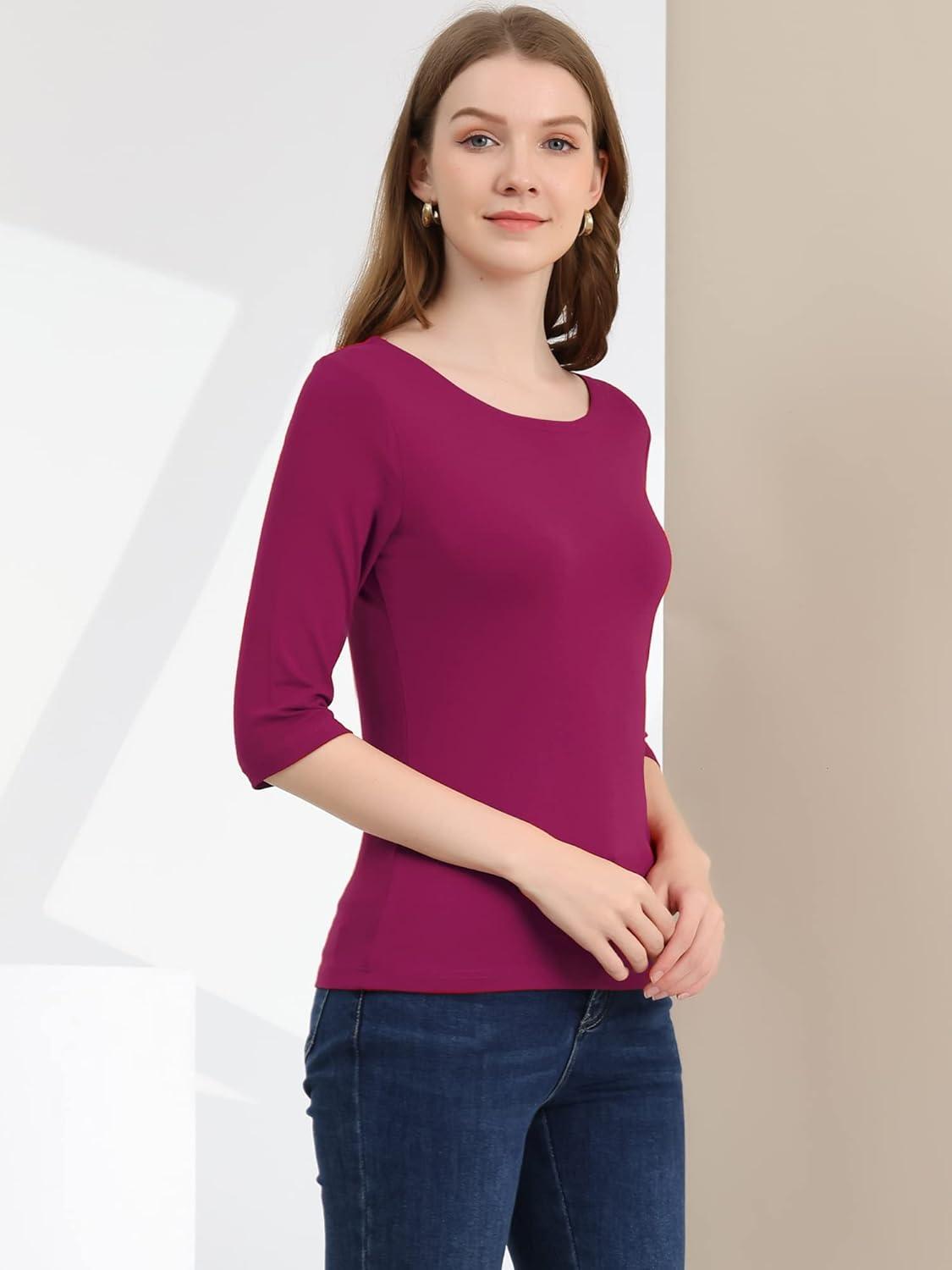 imageAllegra K Womens Casual Round Neck Elbow Sleeve t Shirts Slim Fit Blouses Tops FashionFuchsia