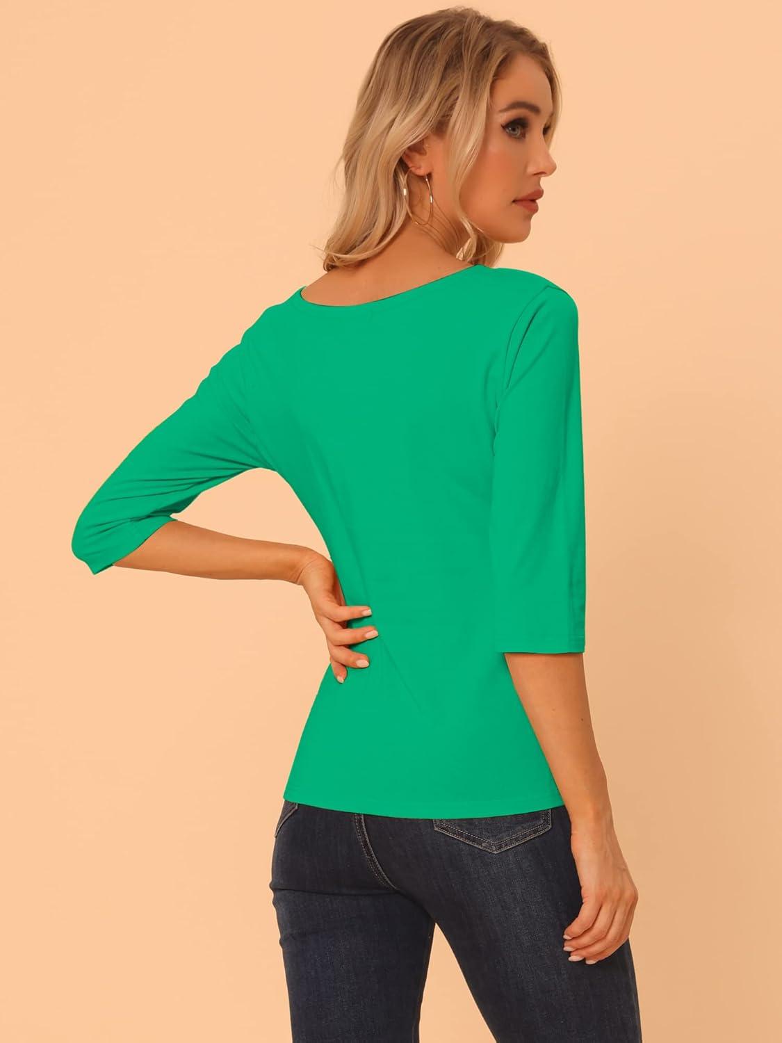 imageAllegra K Womens Casual Round Neck Elbow Sleeve t Shirts Slim Fit Blouses Tops FashionGreens