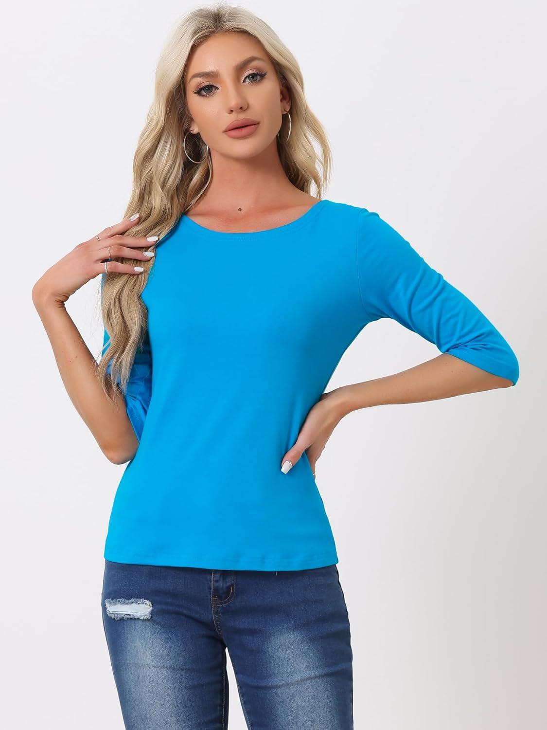 imageAllegra K Womens Casual Round Neck Elbow Sleeve t Shirts Slim Fit Blouses Tops FashionLake Blue