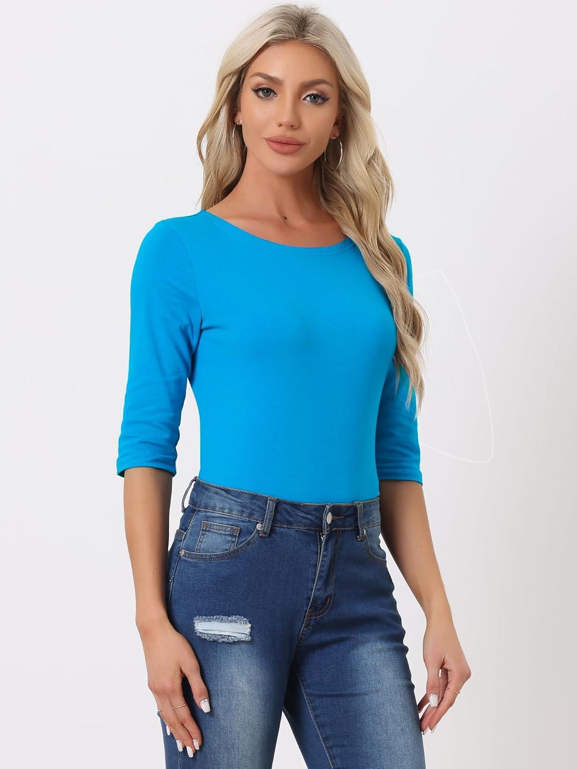 imageAllegra K Womens Casual Round Neck Elbow Sleeve t Shirts Slim Fit Blouses Tops FashionLake Blue