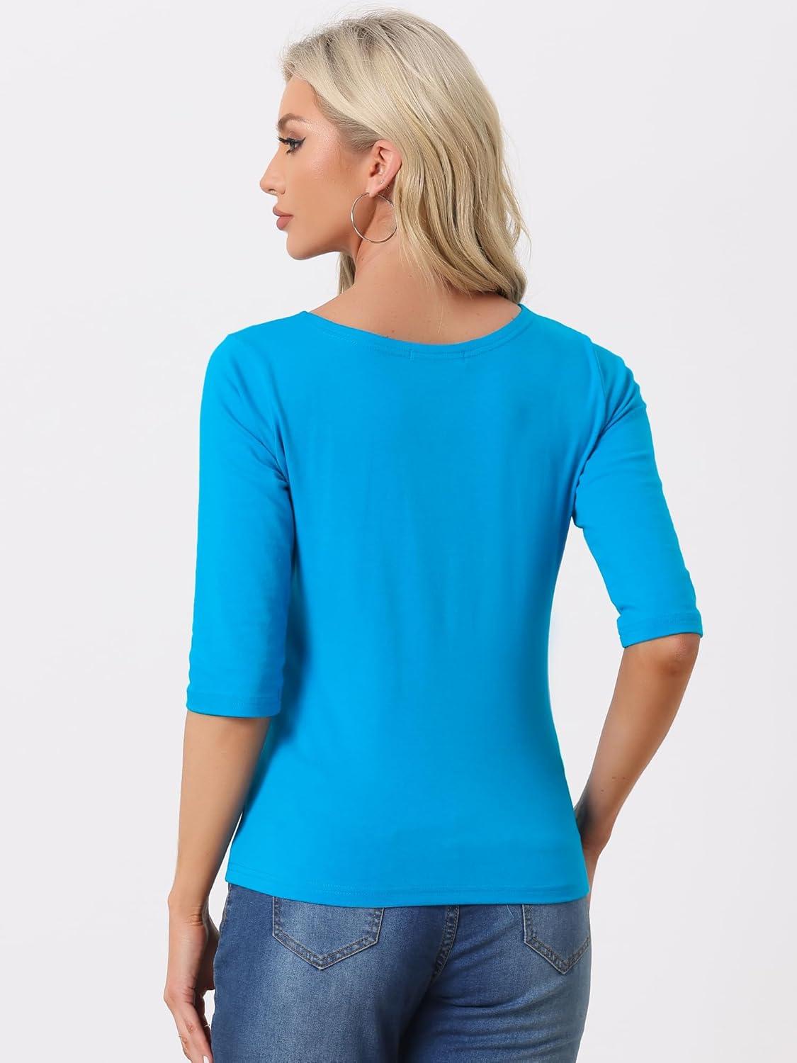 imageAllegra K Womens Casual Round Neck Elbow Sleeve t Shirts Slim Fit Blouses Tops FashionLake Blue