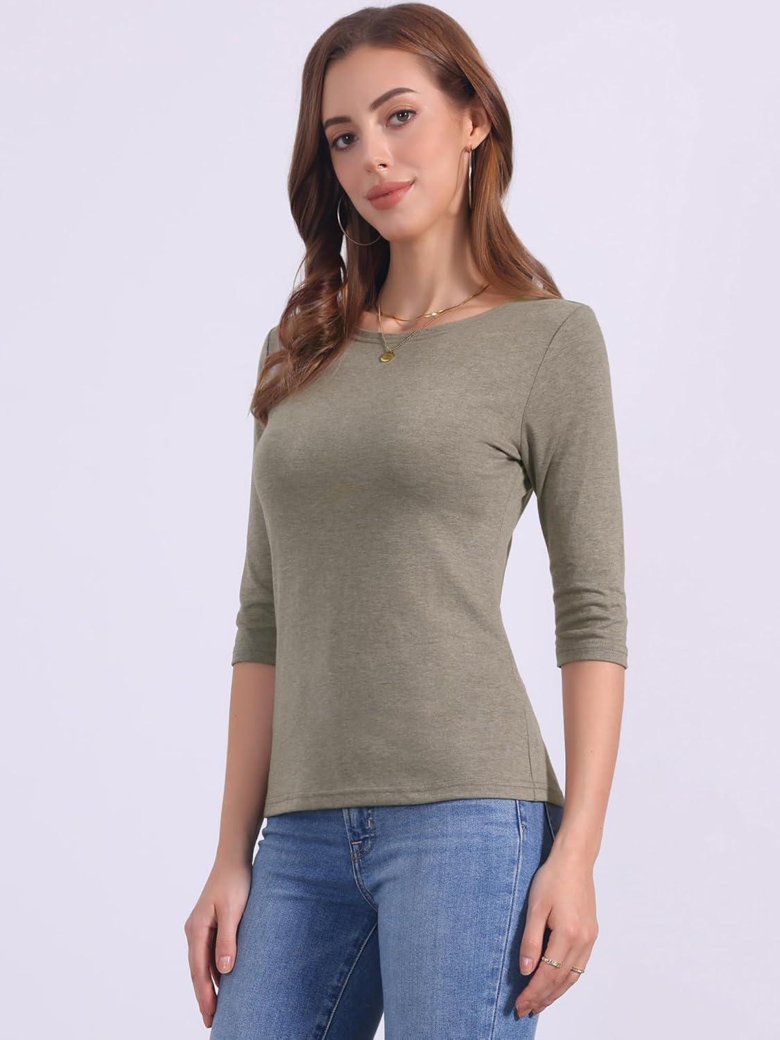 imageAllegra K Womens Casual Round Neck Elbow Sleeve t Shirts Slim Fit Blouses Tops FashionLight Blown