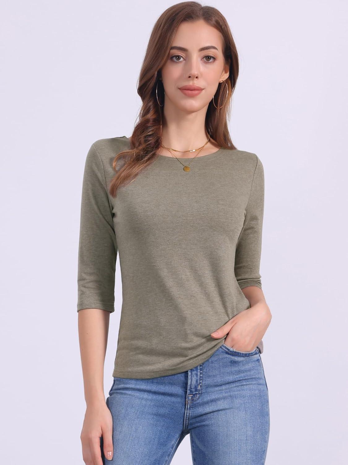 imageAllegra K Womens Casual Round Neck Elbow Sleeve t Shirts Slim Fit Blouses Tops FashionLight Blown