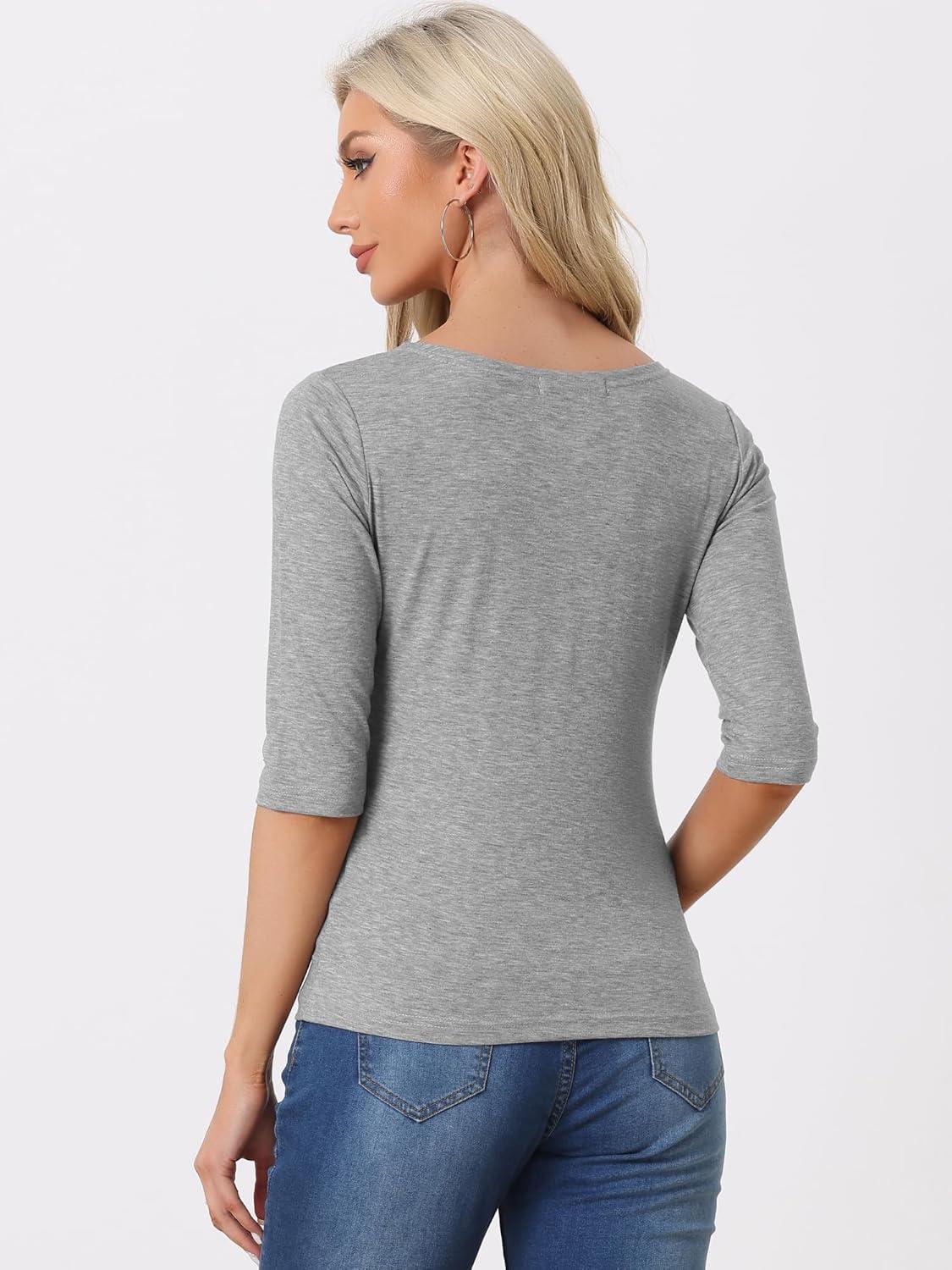 imageAllegra K Womens Casual Round Neck Elbow Sleeve t Shirts Slim Fit Blouses Tops FashionLight Gray