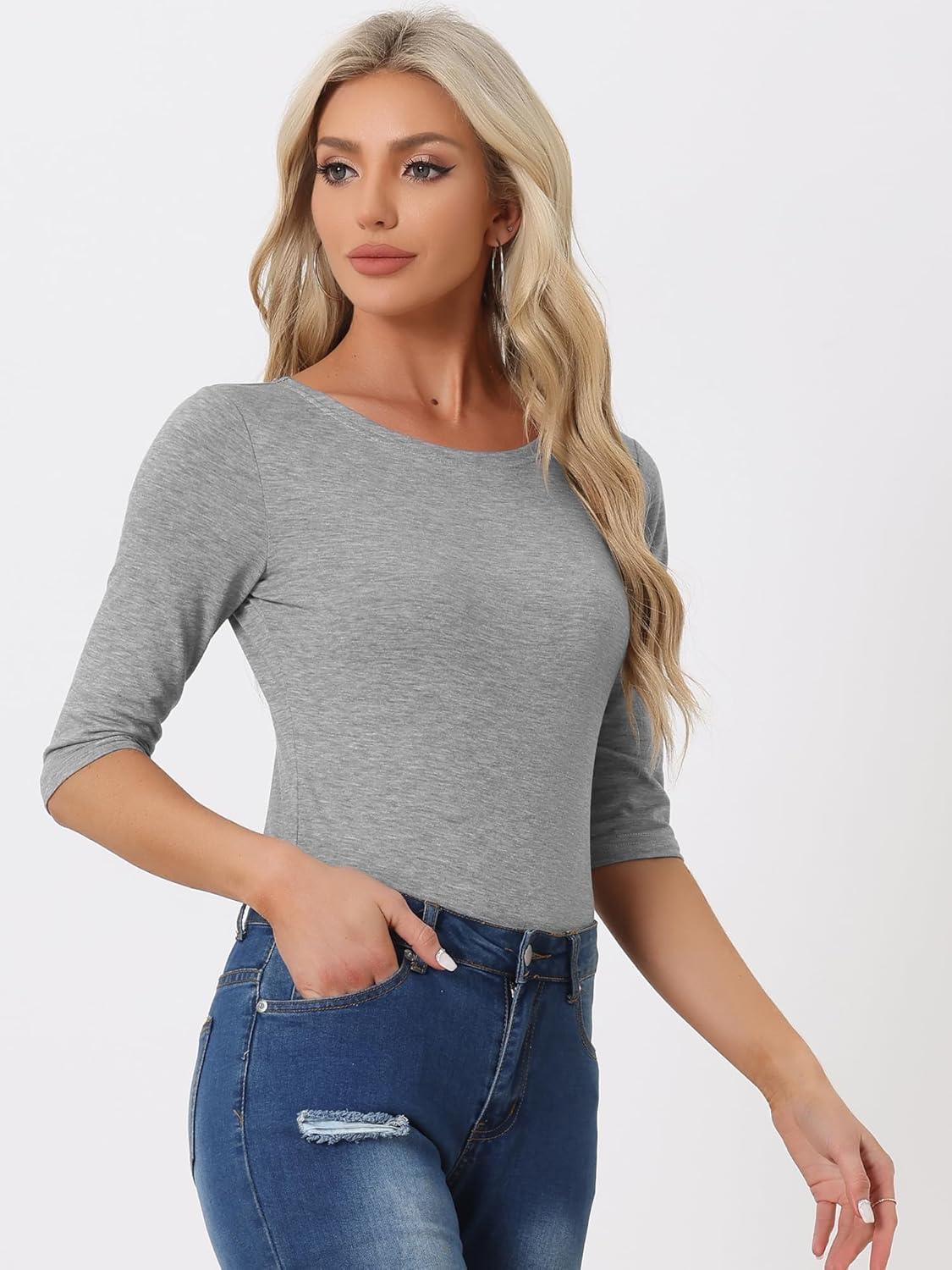imageAllegra K Womens Casual Round Neck Elbow Sleeve t Shirts Slim Fit Blouses Tops FashionLight Gray