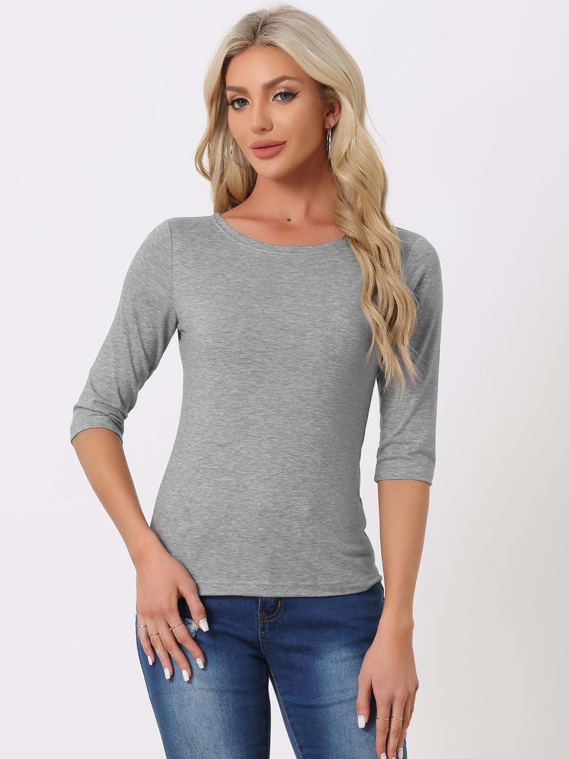 imageAllegra K Womens Casual Round Neck Elbow Sleeve t Shirts Slim Fit Blouses Tops FashionLight Gray