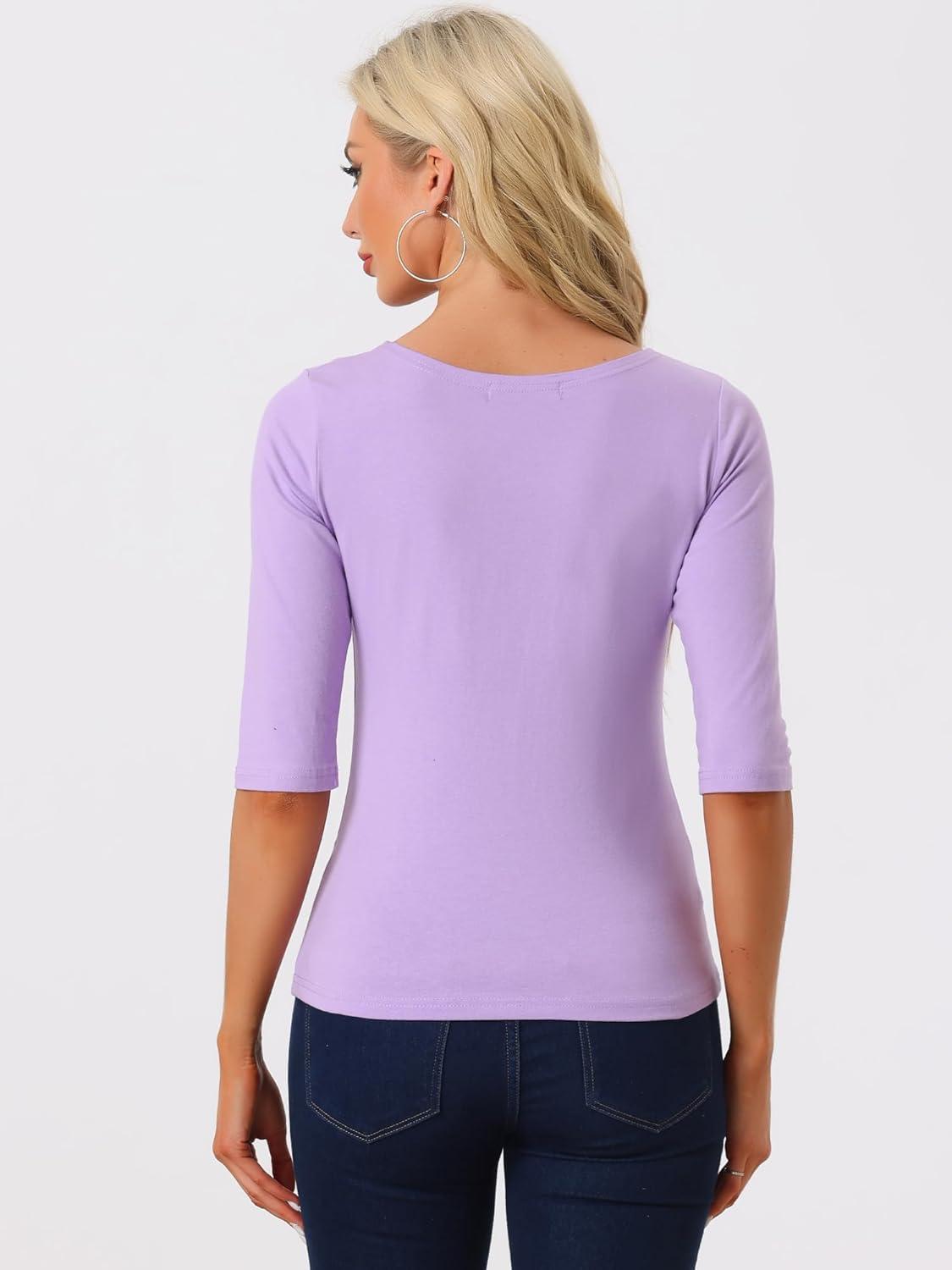 imageAllegra K Womens Casual Round Neck Elbow Sleeve t Shirts Slim Fit Blouses Tops FashionLight Purple